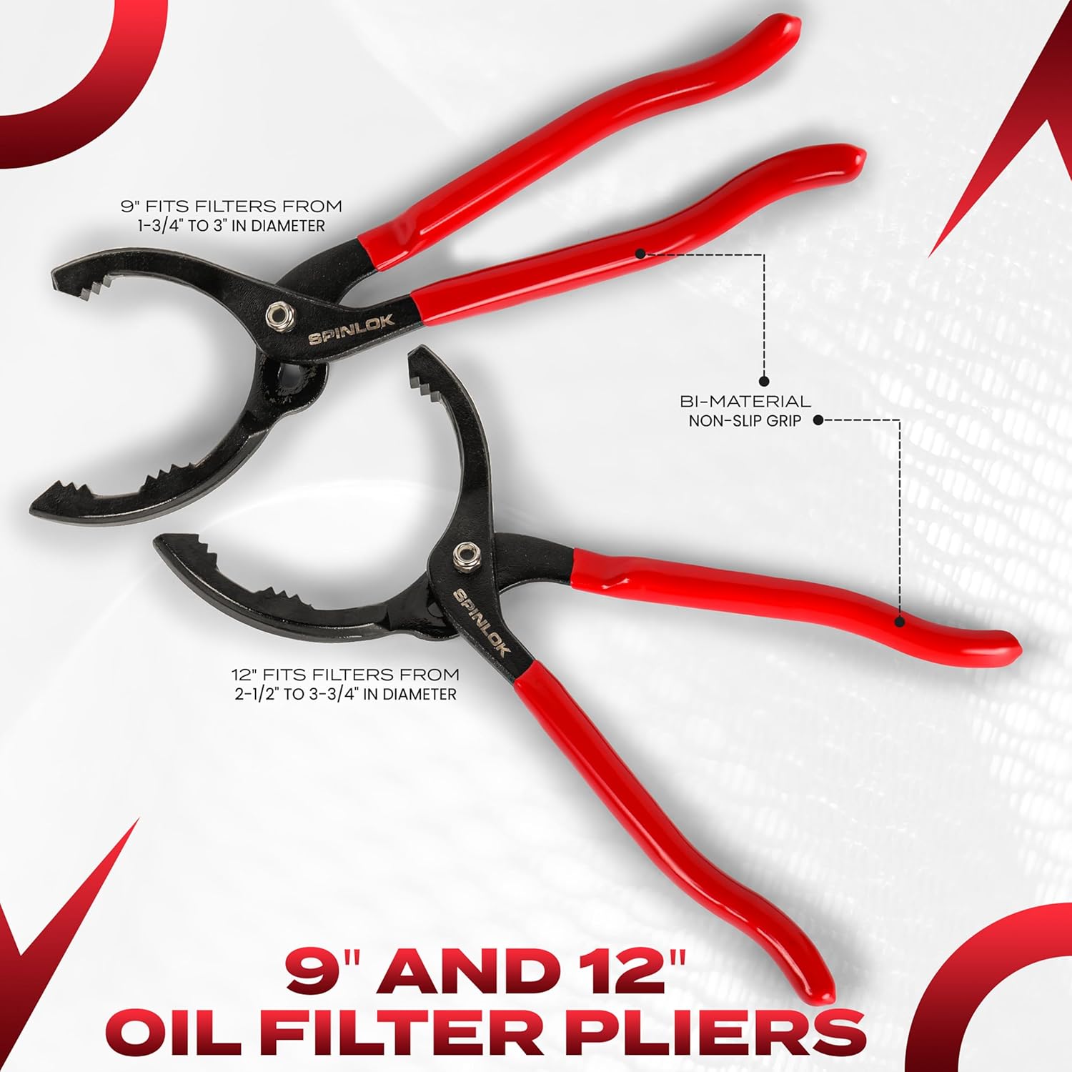 Spinlok 5-Piece Swivel Oil Filter Wrench Set with Stainless Steel Band & Adjustable Oil filter Pliers Cover 2-3/4” to 5-1/4”, 9” & 12” with Non-Slip Grip Organized in Sturdy Tool Set & Oil Funnel