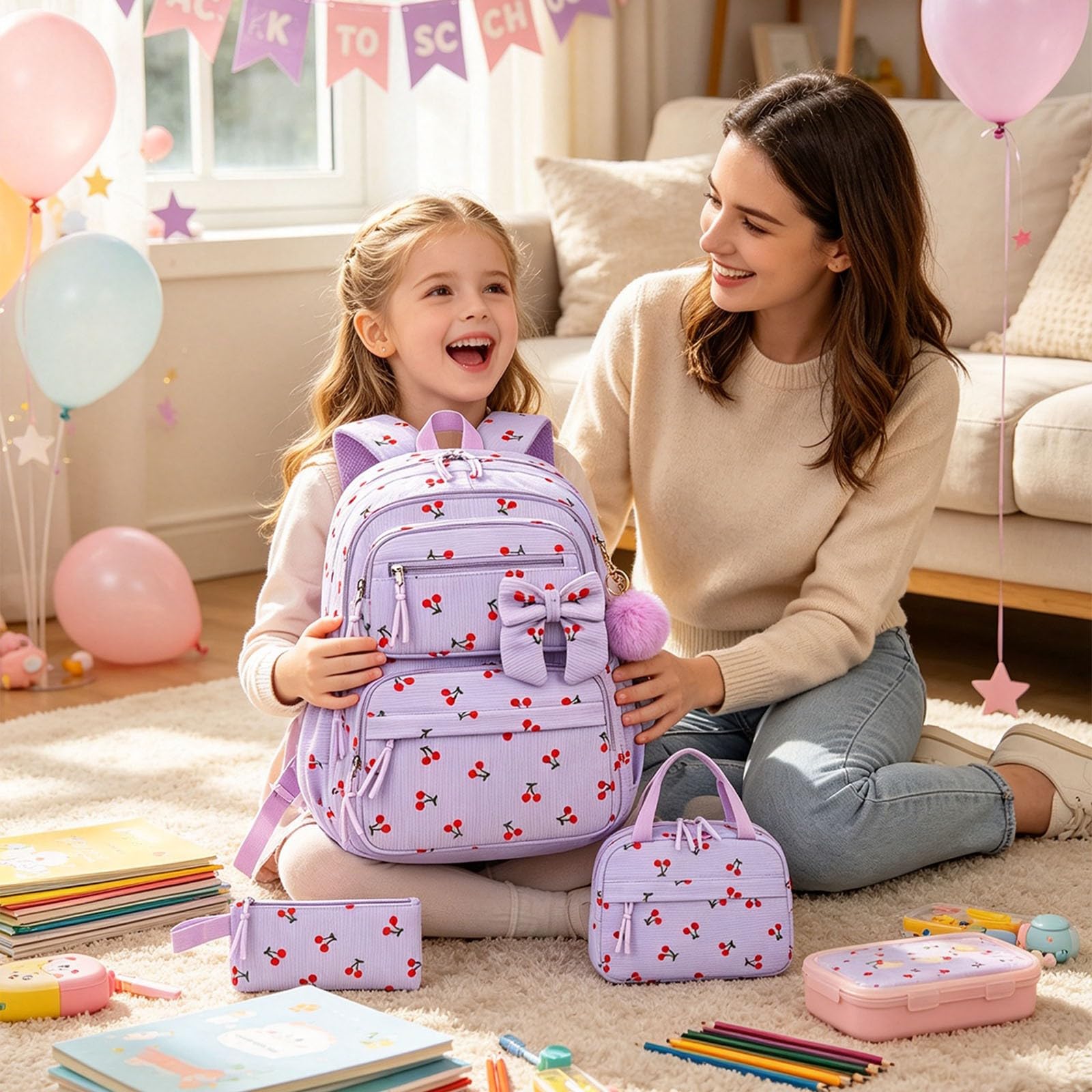 Juego de mochila y lonchera para niños con estuche para lápices, bolsa escolar de cereza, mochila ligera para niños con amplios compartimentos de almacenamiento, Purple, Talla única, Clásico