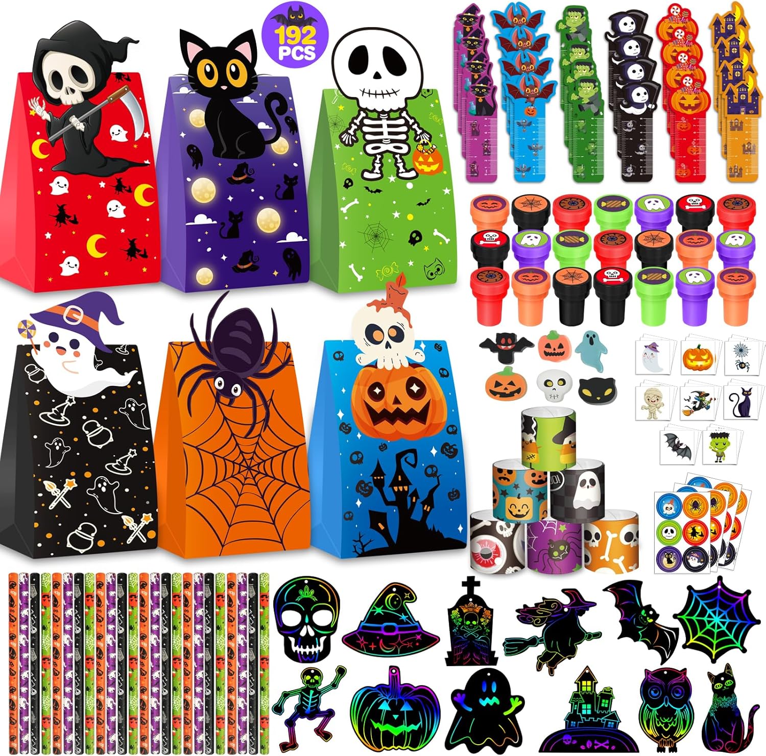 SpringFlower 192Pcs Halloween Party Favors, Halloween Stationery Set, Trick or Treat Goodie Bag Fillers Stuffers, Halloween Themed Design Classroom Prizes Gifts Party Supplies for Kids
