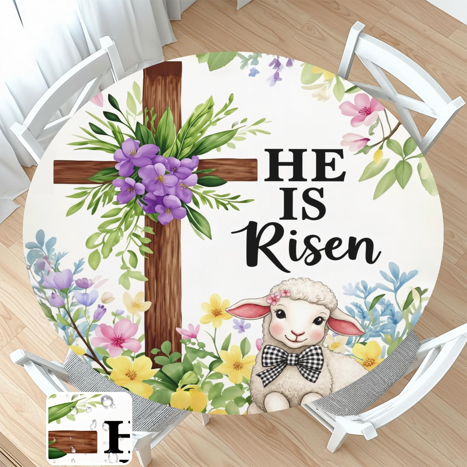 He Is Risen Easter Round Fitted Tablecloth with Elastic Religious Cross Christian Wreath Circle Table Cloth for 40-44" Tables Reusable Wipeable Spring Easter Table Cover for Farmhouse Outdoor Party