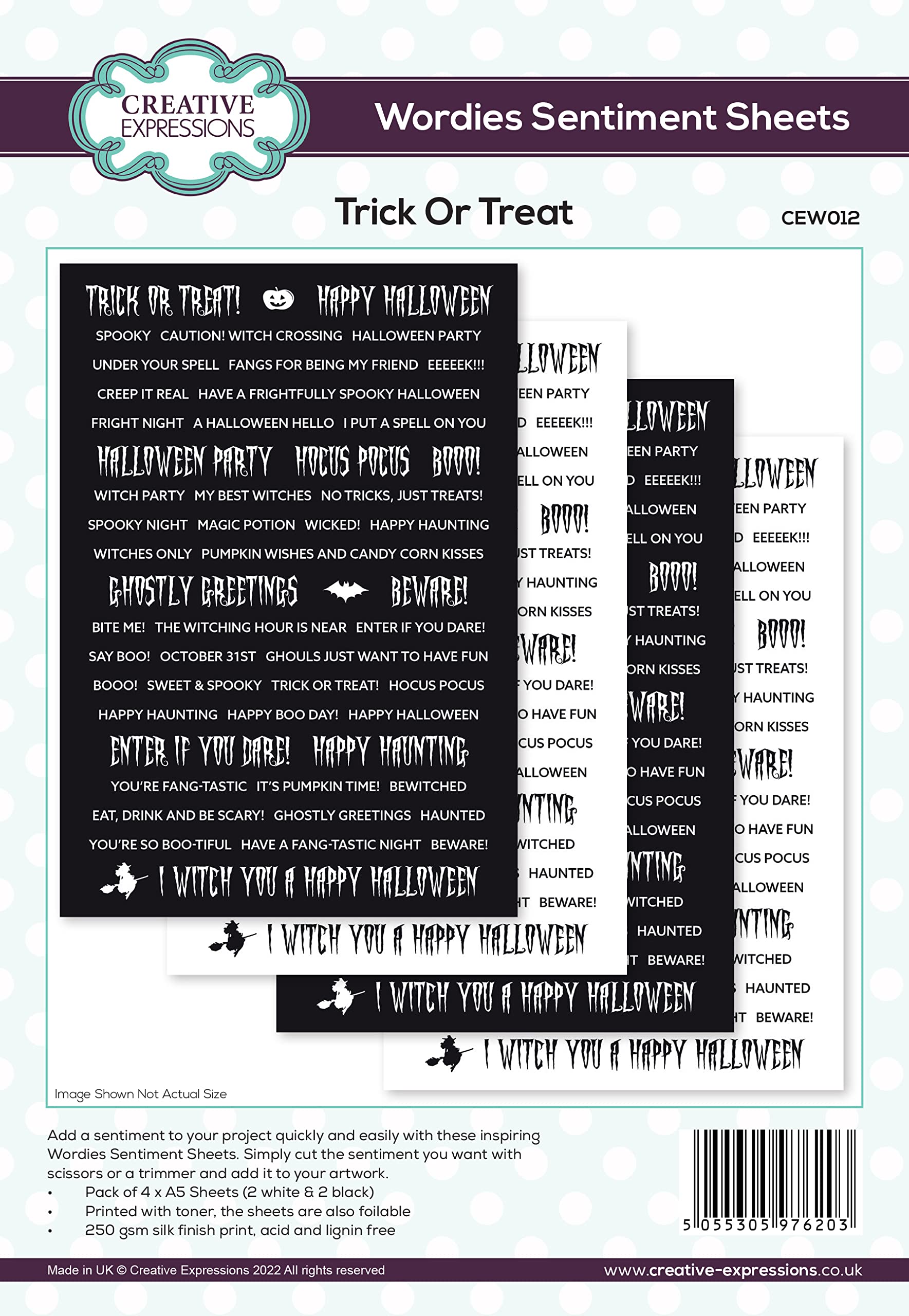 Creative Expressions Black And White Wordies Sentiment Sheets-Trick Or Treat, A5