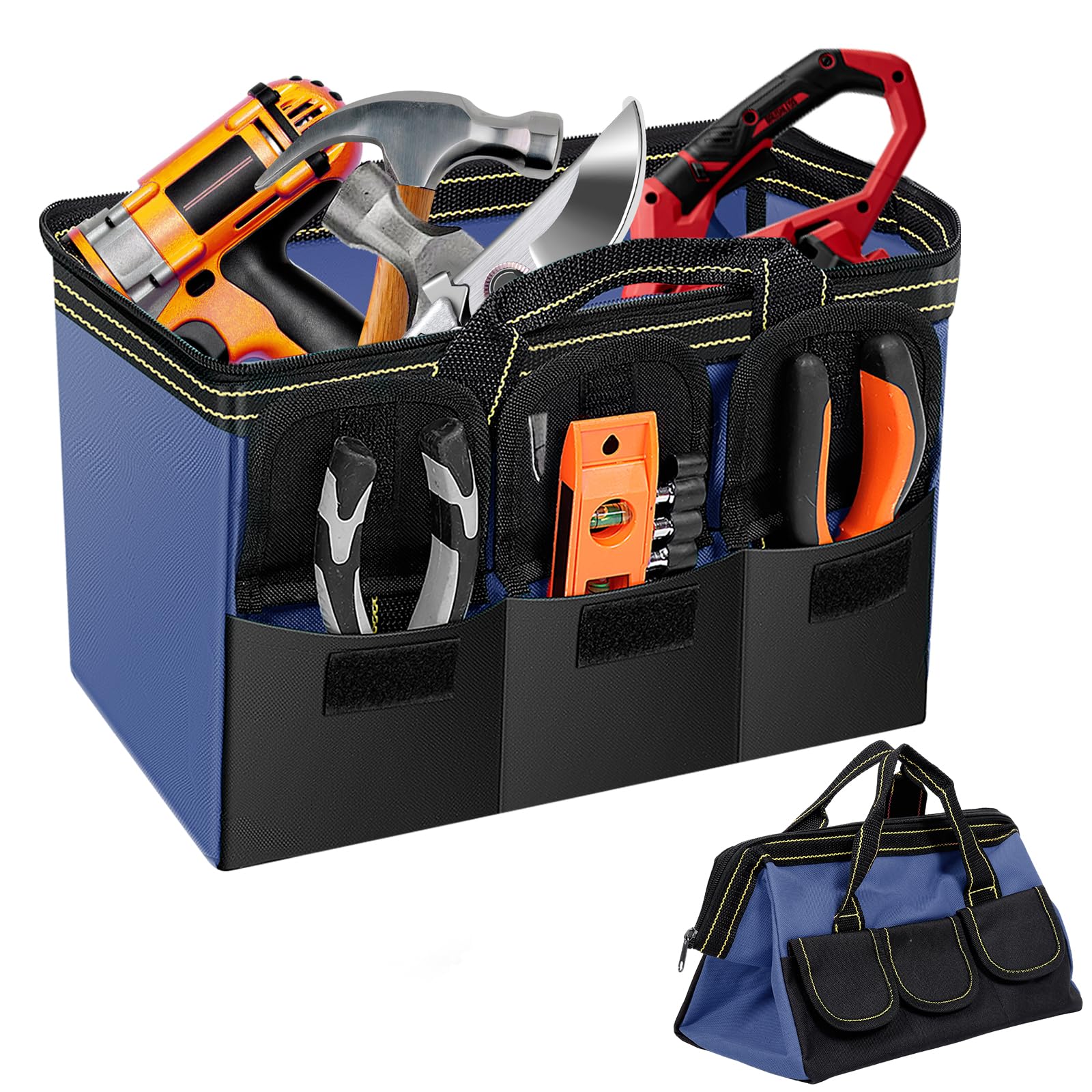 Bpyhebe Blue-16 Inch Practical Tool Bag, Heavy Duty Oxford Fabric Electrician Tools Storage Bags With Solid Handles No Issues & Smoothly Zipper, Large Capacity Multiple Pockets Tool Organiser For Cars Garden Technicians