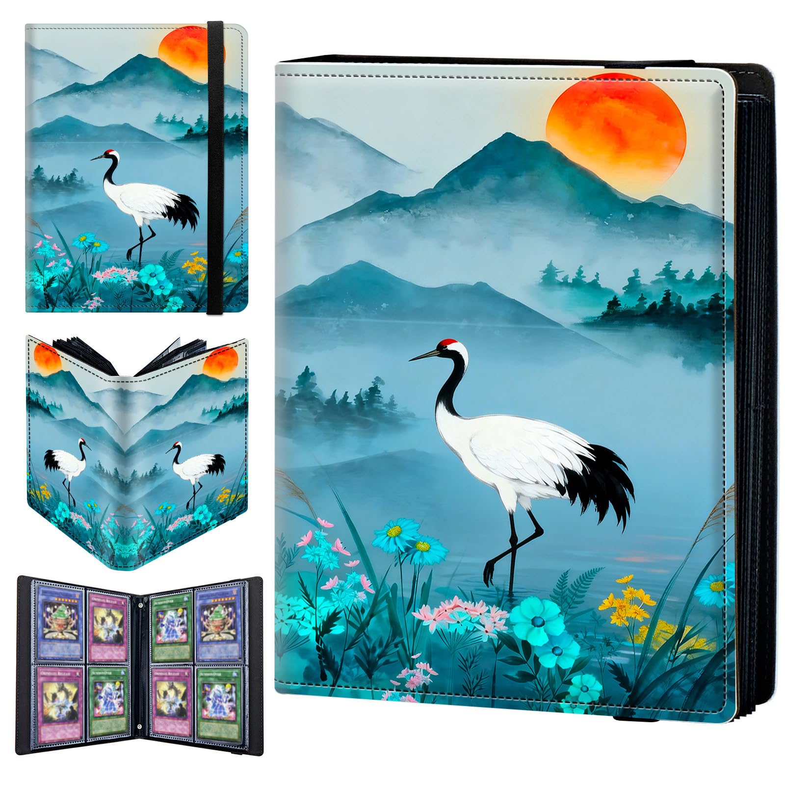 4 Pocket Trading Card Binder 400 Side Loading Pocket Album with Green Mountain Flowers and Bird Pattern Design Card Binder for Sports Cards & Game Cards