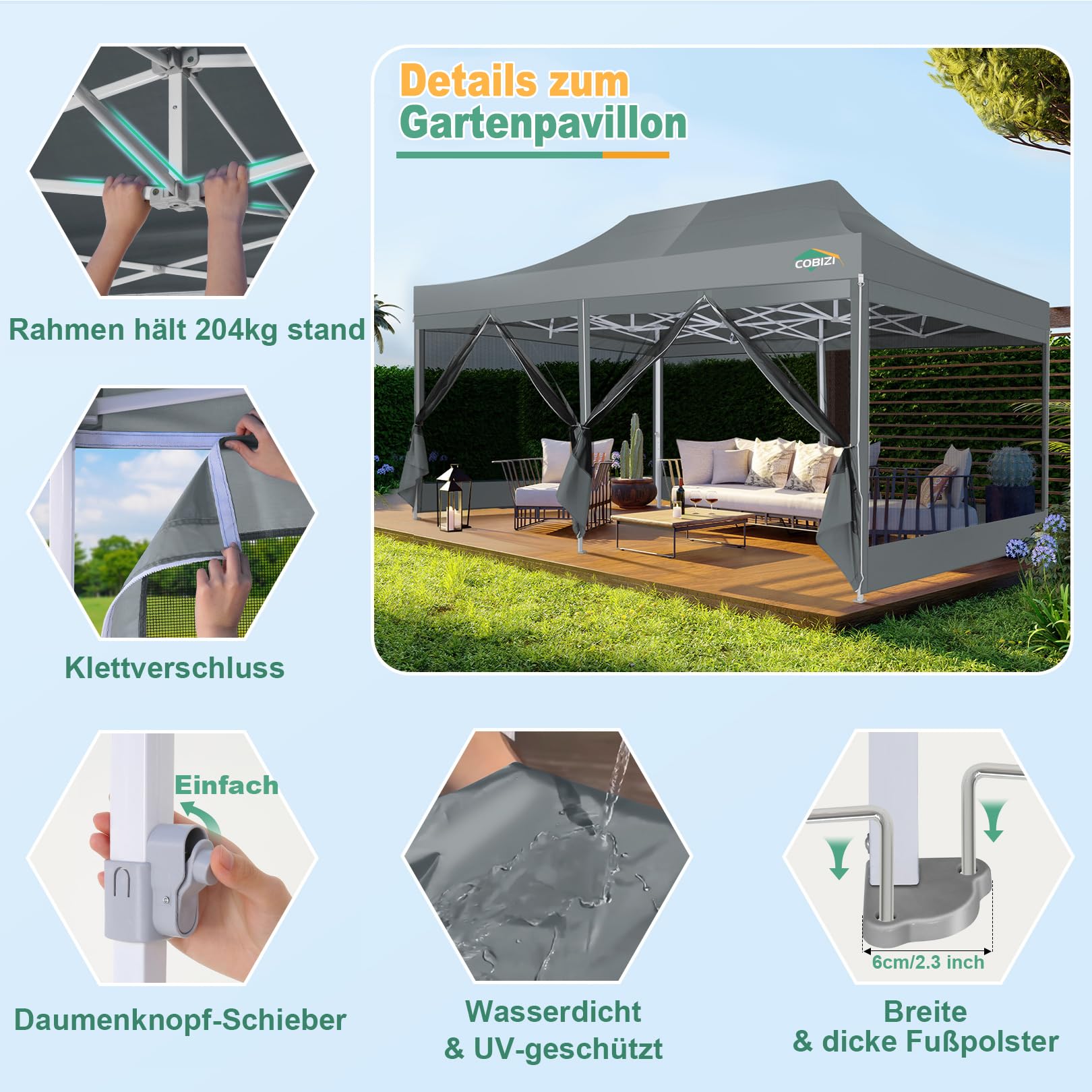 COBIZI Faltpavillon 3x6 m mit Moskitonetz, wasserdicht, stabil