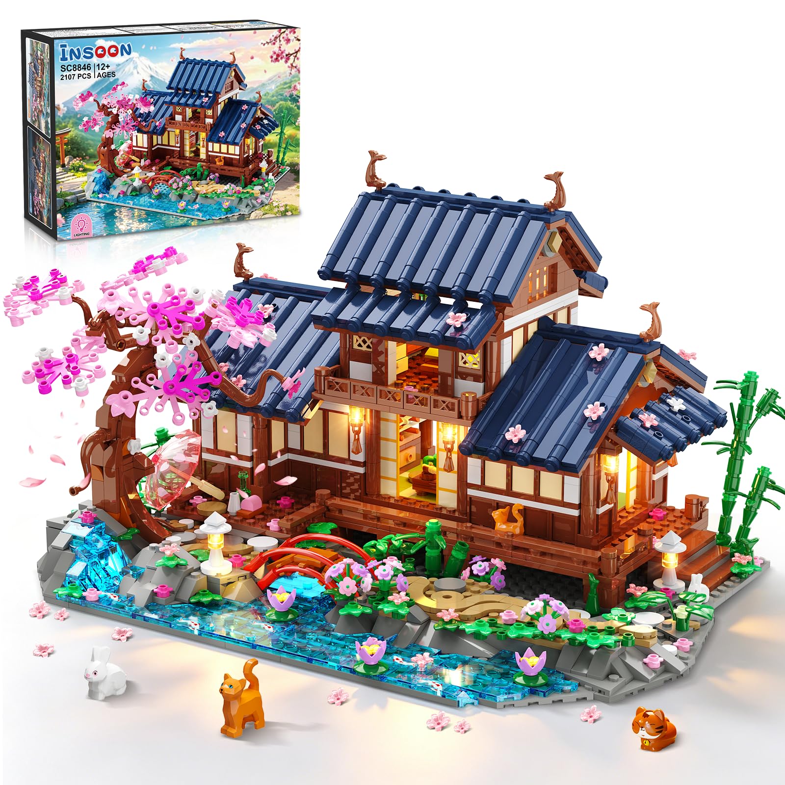 Cherry Blossom House Building Set with Lights, Japanese Zen Garden