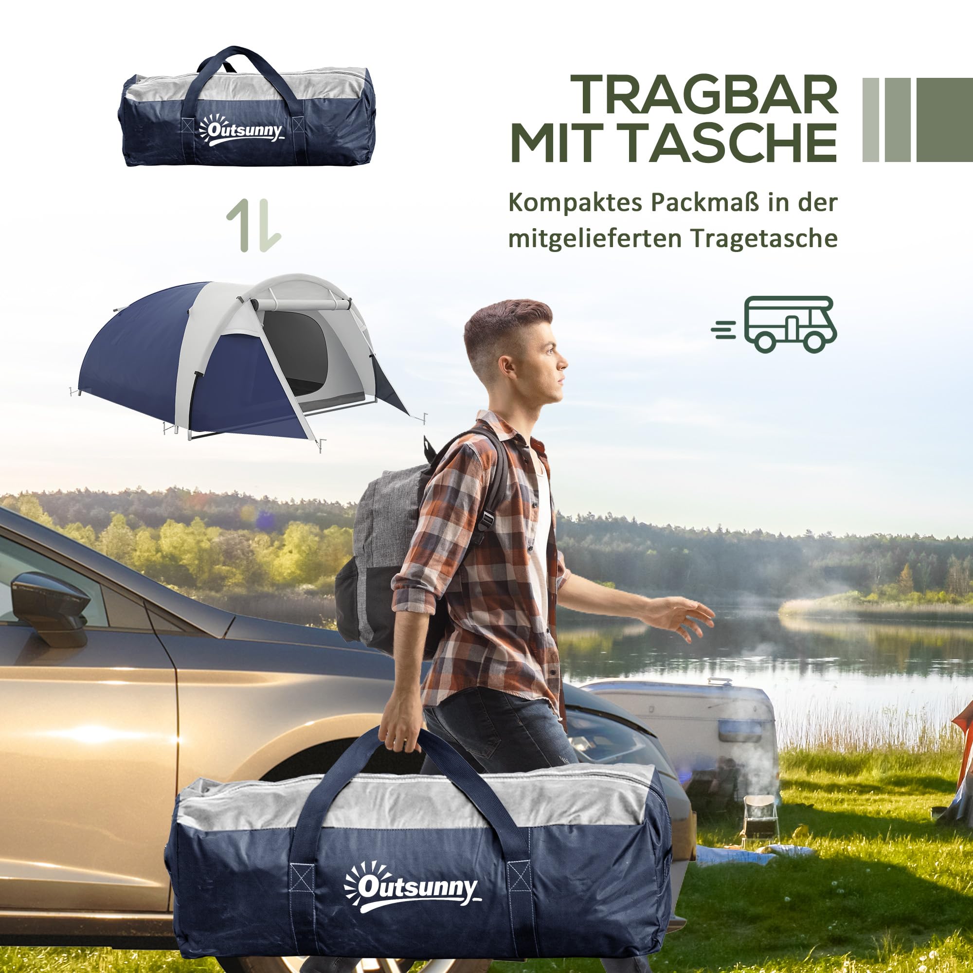 Outsunny Campingzelt Tunnelzelt für 4 Personen mit Lichthaken Dunkelblau