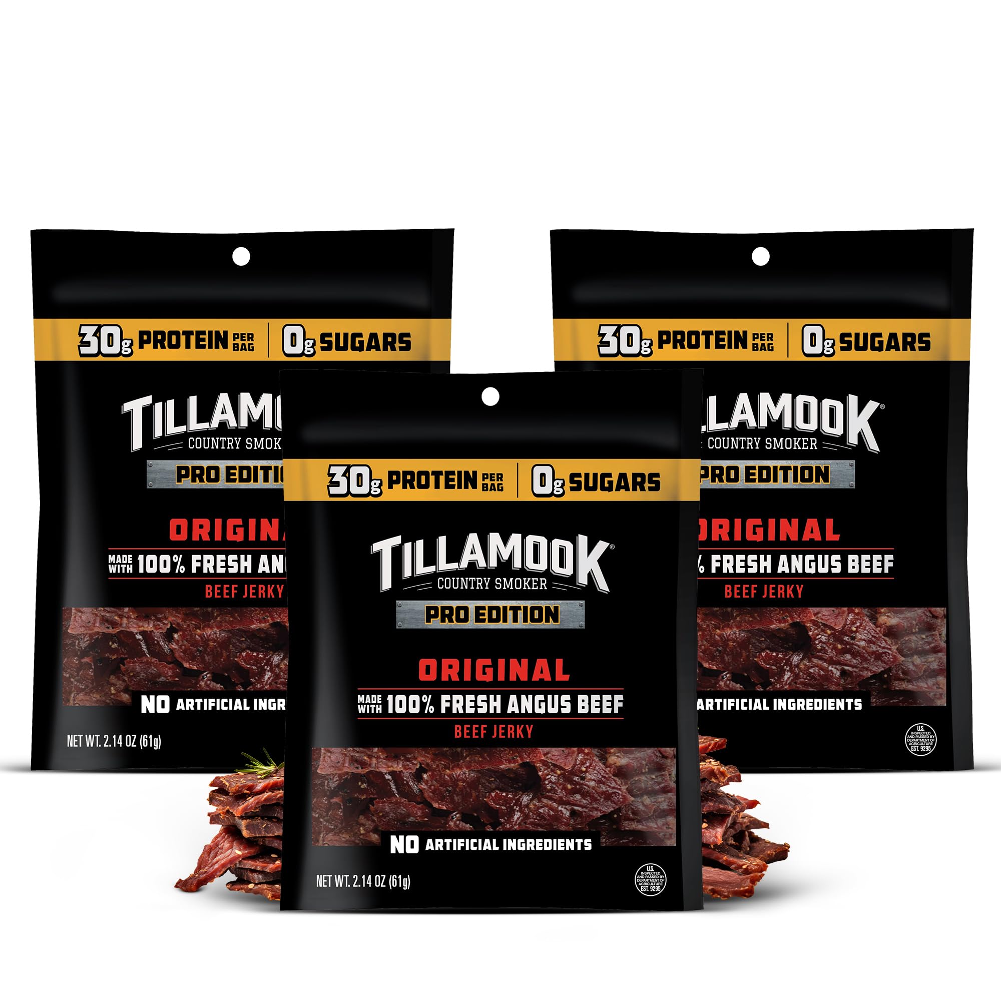 Tillamook Beef Jerky, Country Smoker PRO Edition, Zero Sugar Original, 2.14 Oz (3 Pack) Real Hardwood Smoked Fresh Angus Beef, Low Carb, High Protein Ready to Eat Keto Snack for Athletes, Gluten Free