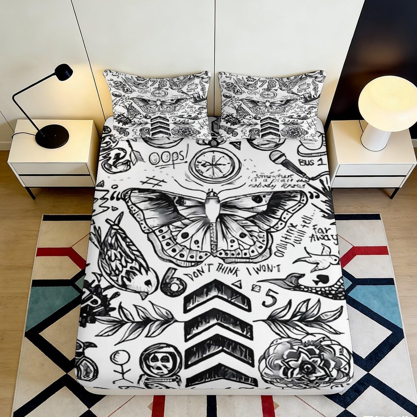 Jqzkxnhpbr Style-5 3D Printed Tattoo Skull Fitted Sheet Microfiber Artistic Black White Bed Cover For Bedroom Dorm Mattress Protection 90X200x25cm