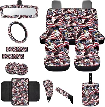 Wanyint Car Seat Cover Set for 4th of July, with Steering Wheel Seat Belt Strap Rearview Mirror Handbrake Gear Shift Knob Cover Rubbish Bin Armrest Pad Coasters, 14 PCS, American Flag Eagle Print