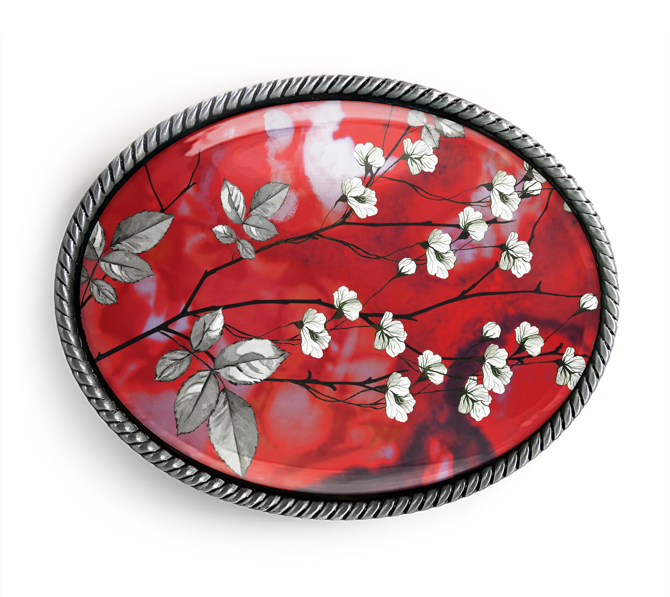 Cherry Blossom Belt Buckle - Oriental Floral Japanese Art Handmade Artisan Belt BuckleB (Antique Silver)