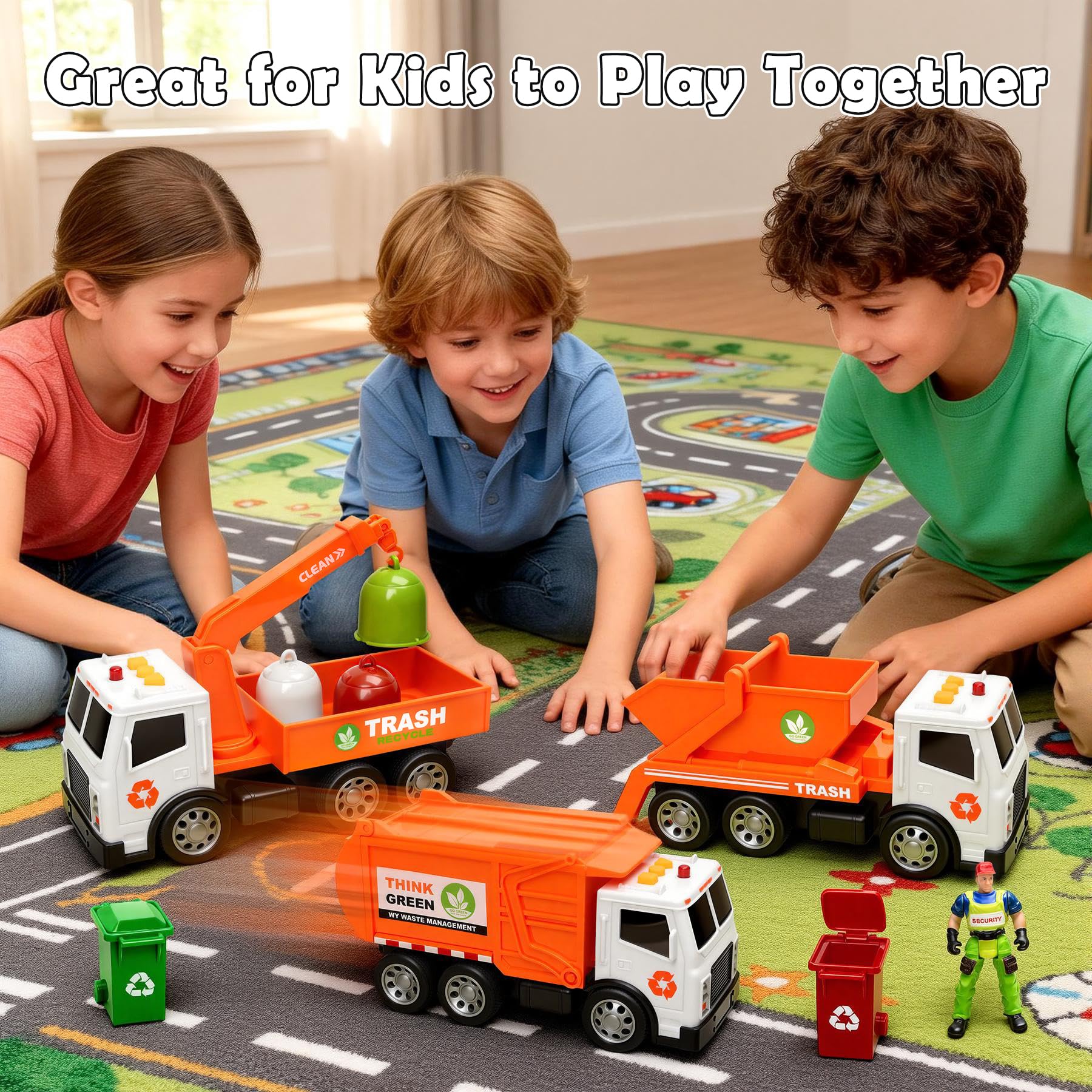 BunnyJOY Müllauto Spielzeug Set für Kinder ab 3 Jahre, LKW mit Licht & Sound, Friktion Müllwagen, Kranwagen, Müllkipper & Hecklader inkl. Mülltonnen & Figur, Lernspielzeug Geschenk