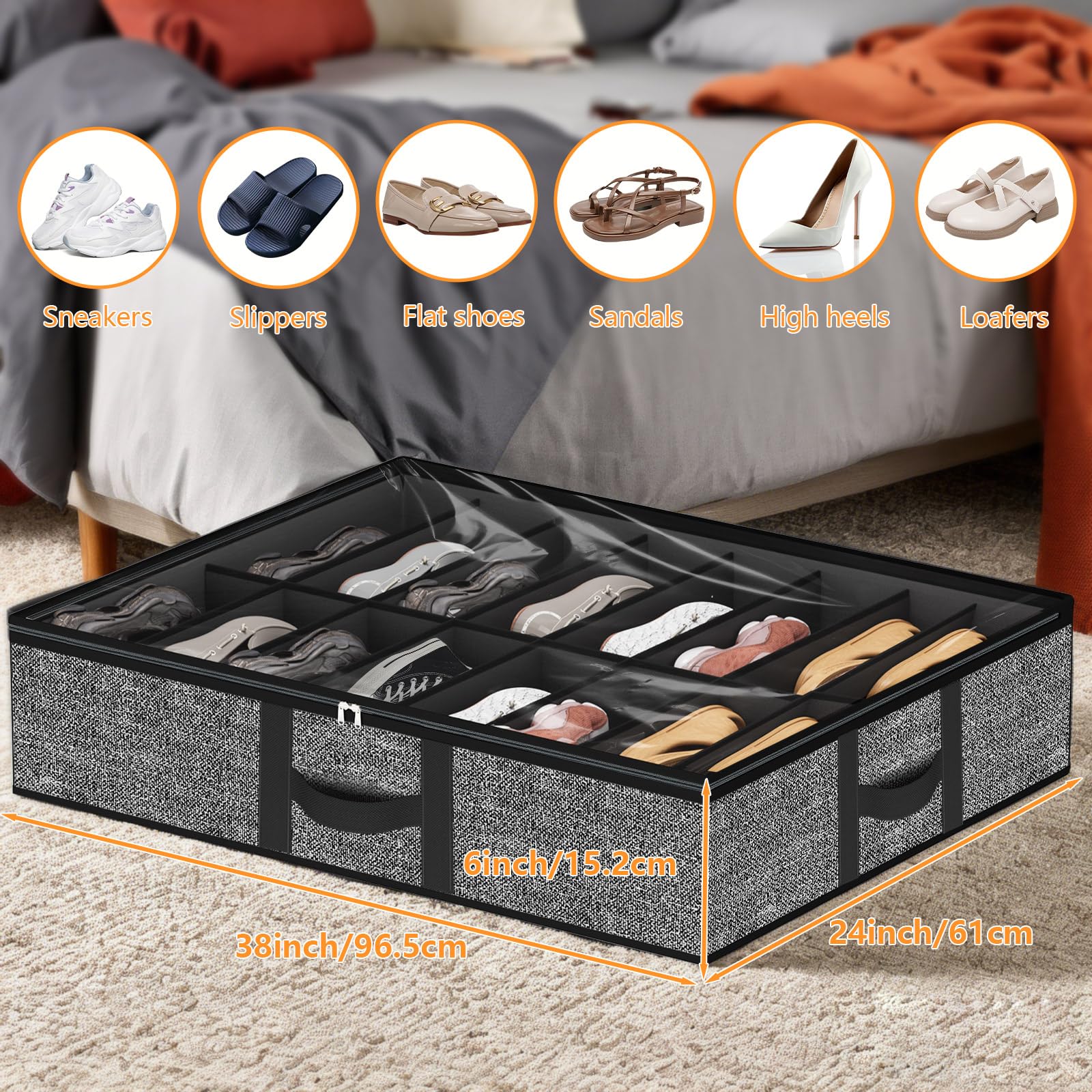 Lot de 2 organiseurs de rangement pour chaussures sous le lit pouvant contenir 16 paires de chaussures et 4 paires de bottes, bacs de rangement pour chaussures sous le lit, organisateur de zapatatos