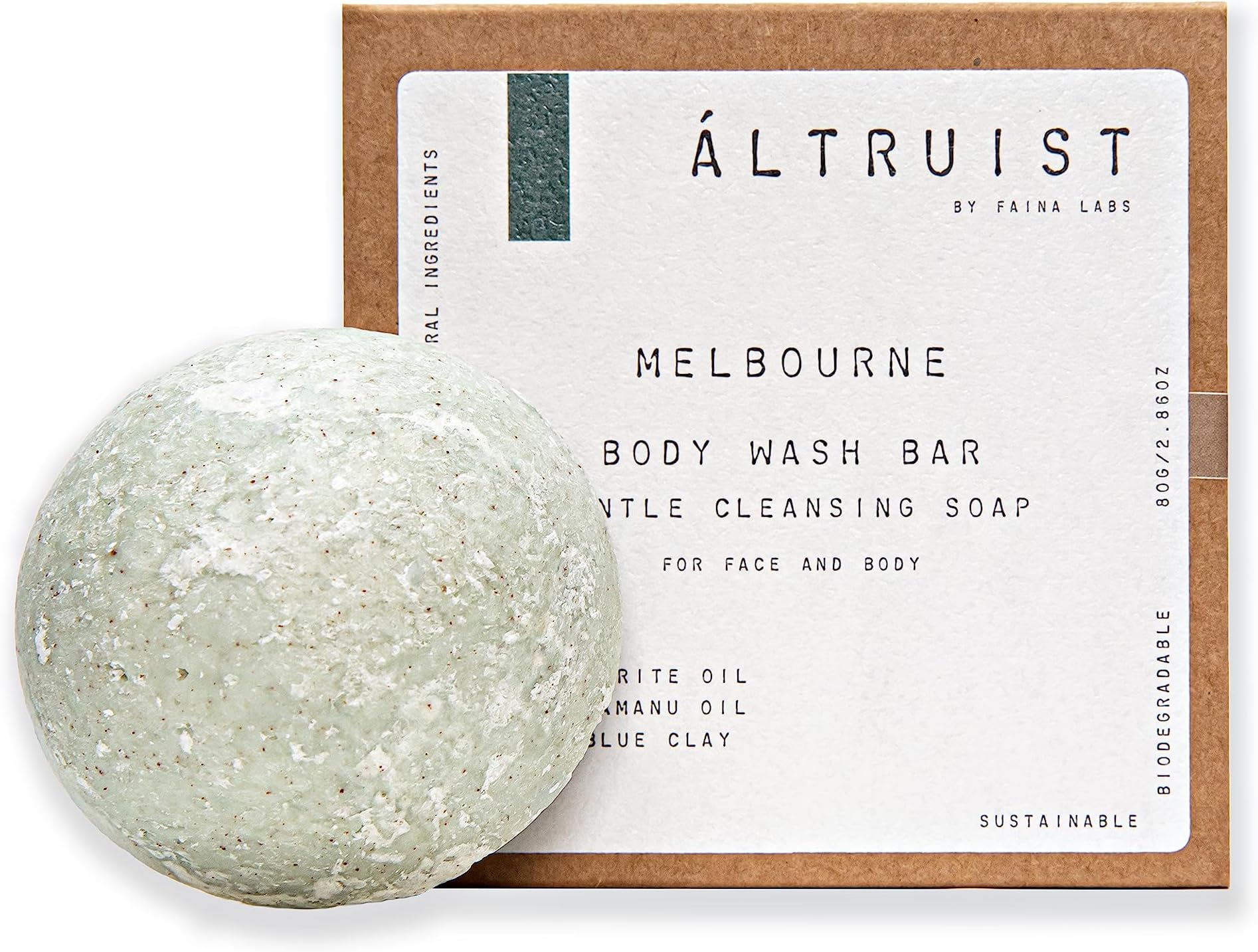 Faina Labs ALTRUIST Melbourne Gentle Cleansing Soap Bar for Face and Body - with Shea Butter, Mango Butter, Blue Clay, Squalane and Vitamin E
