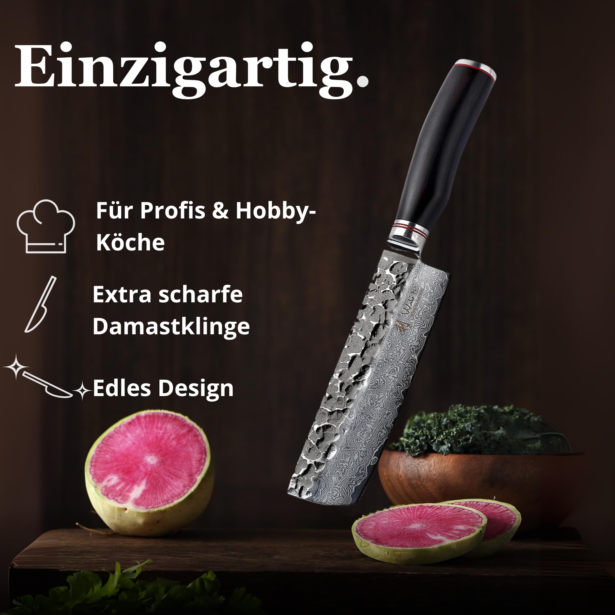 Wakoli EBO Nakirimesser mit 16,5 cm Klinge, 67 Lagen Damaststahl, VG10-Kern