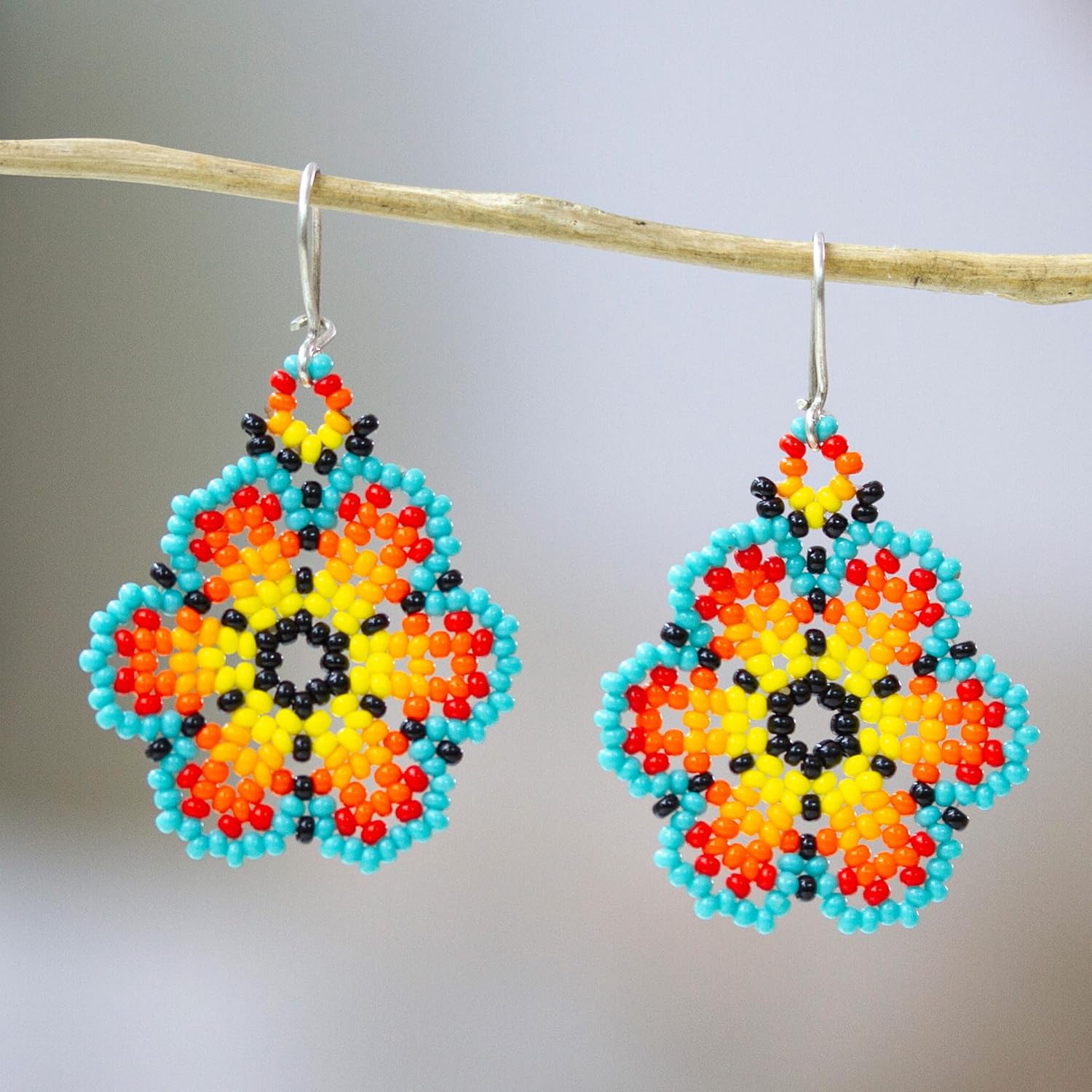 NOVICA Artisan Handmade Glass Beaded Dangle Earrings Floral Colorful from Mexico Sterling Silver [2 in L x 1.2 in W x 0.1 in D] ' Sky Petals'