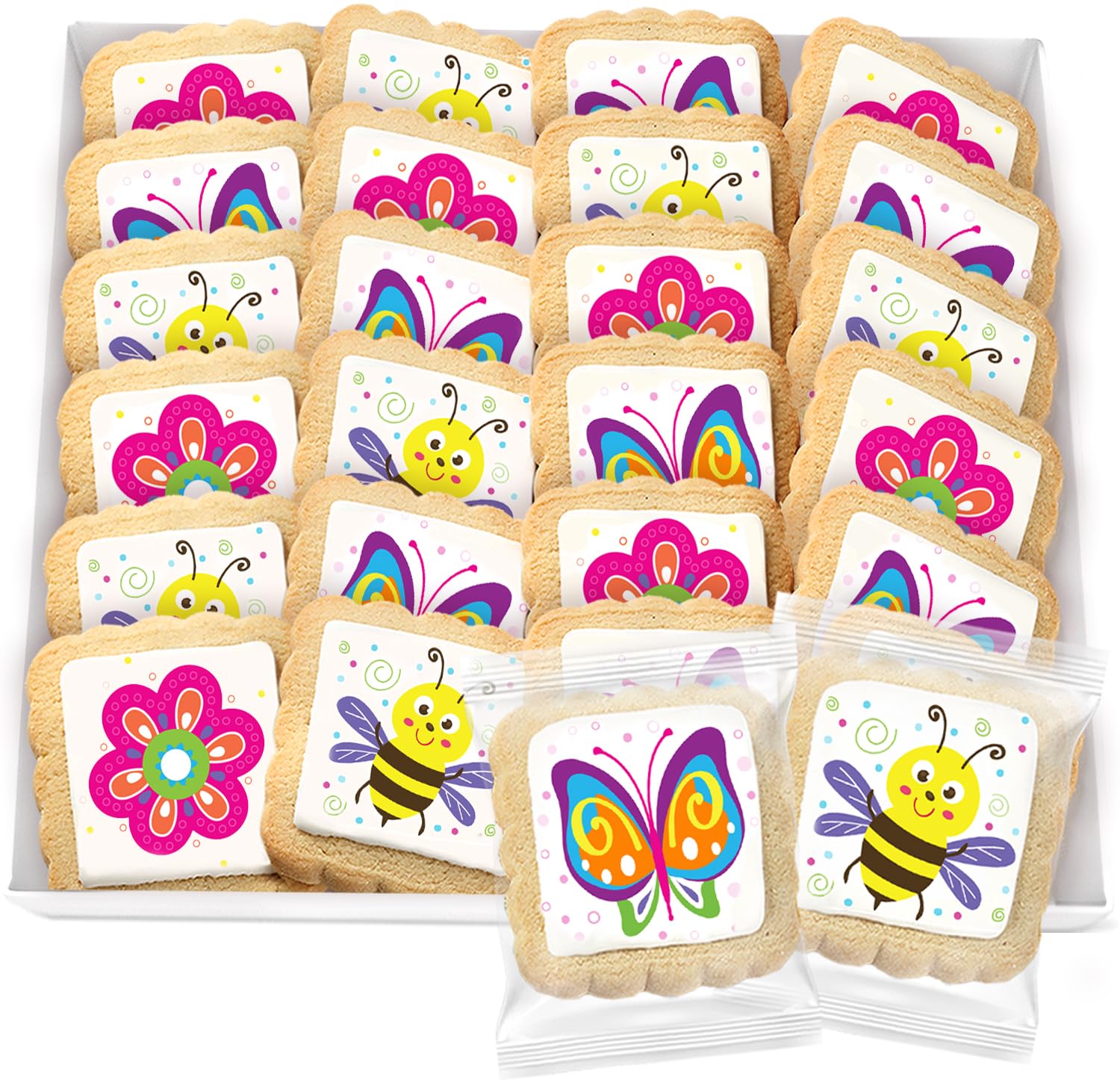 Spring Cookies 24 Pack Party Favors flower butterfly bee Critters Decorated | INDIVIDUALLY WRAPPED Sugar Cookies | Gift Basket Peanut & Nut Free Bulk