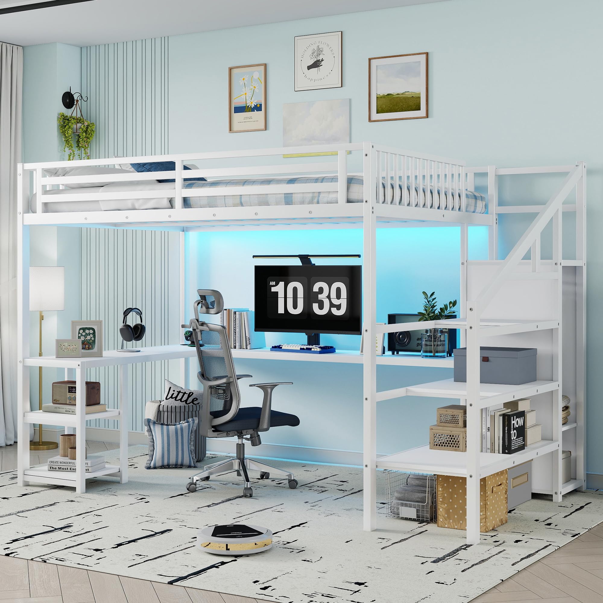 Queen Size Loft Bed with Desk and Stairs, Gaming Loft Bed with RGB LED Light and Storage, Heavy-Duty Metal Loft Beds Frame with Wardrobe, Shelves and Charging Station for Adults Kids Teens, White