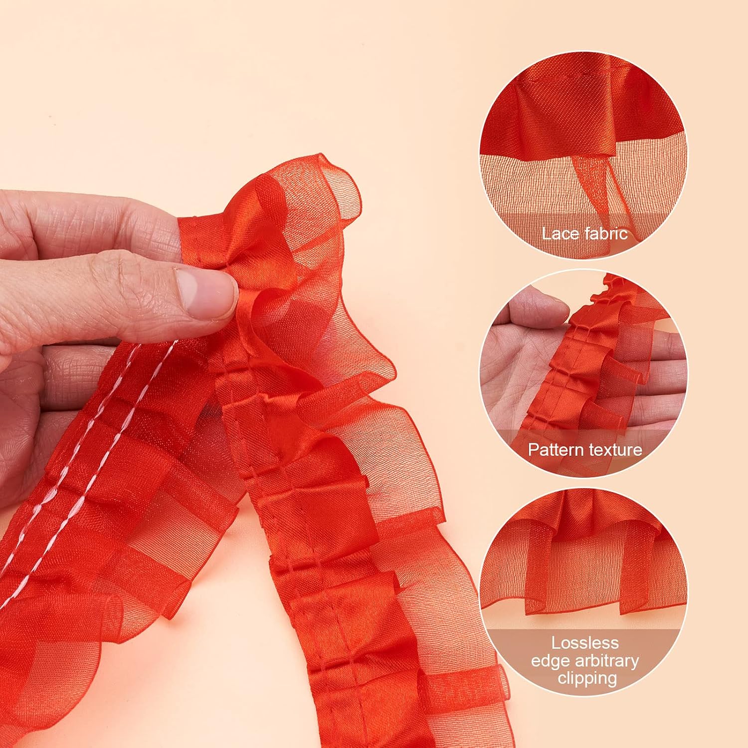 Pandahall 21.8 Yards Satin Organza Lace Edge Trim 2-Layer Gathered Ruffle Chiffon Ribbon 1-5/8 Inch Red Pleated Edging Trimmings Fabric for Cloth Sewing Embroidered Applique Wedding Party Decor