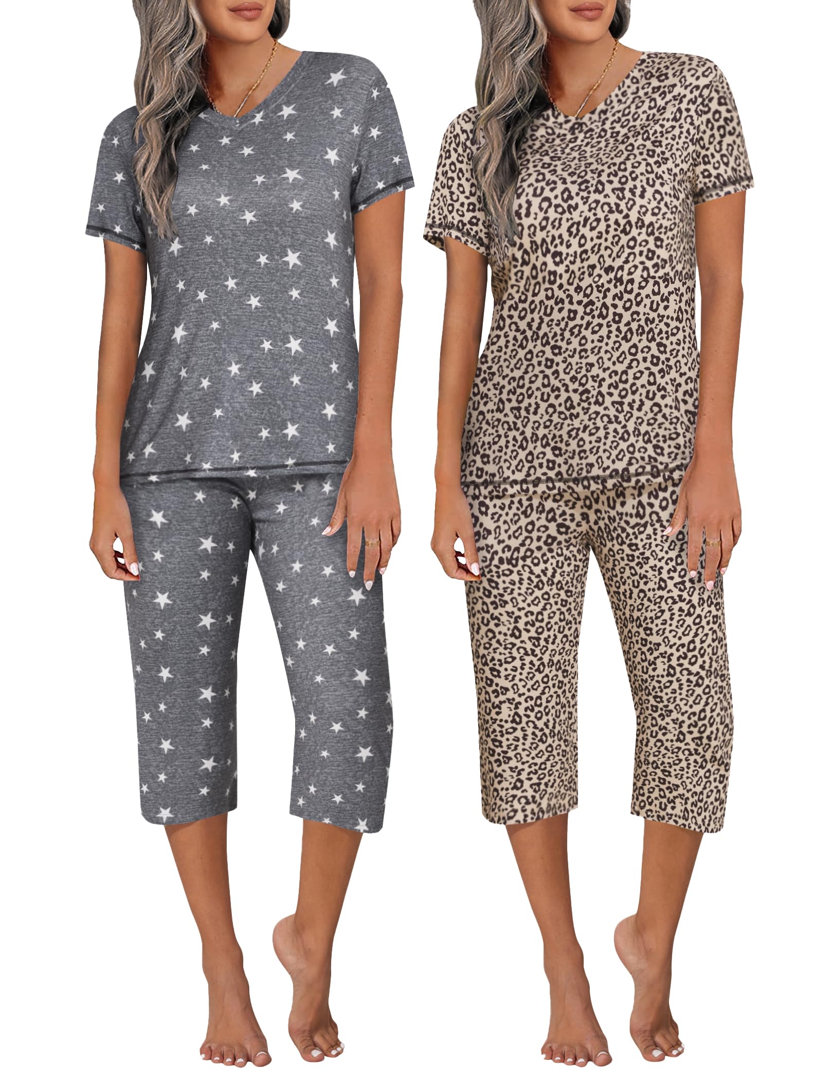 Ekouaer 2 Pack Women's Capri Pajama Sets Short Sleeve Two-Piece Pjs V Neck Tops & Pants Printed Lounge Sets S-3XL Medium Grey Star+leopard