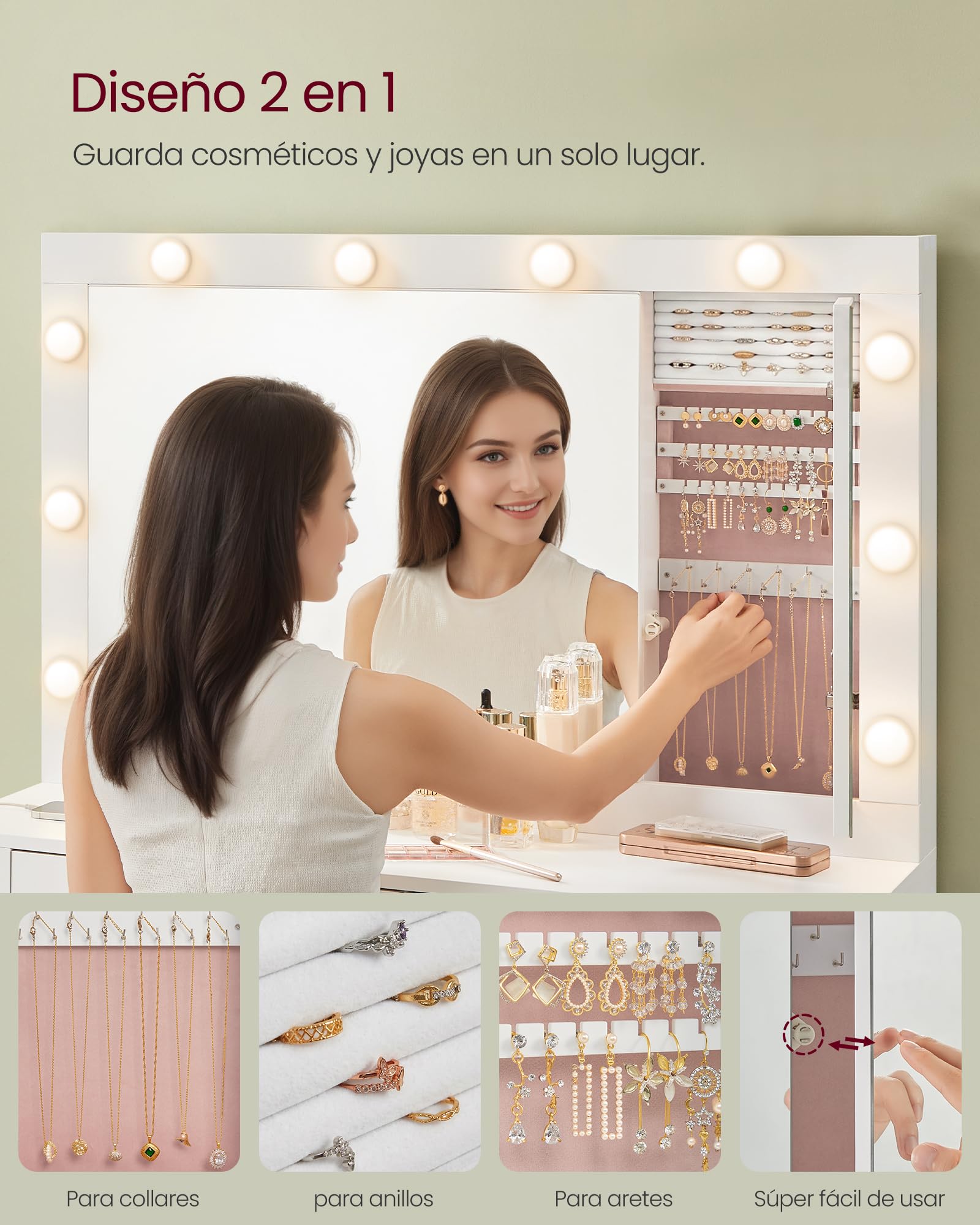 VASAGLE Tocador con Iluminación LED Mesa de Maquillaje 40x125x140 cm Blanco Nube