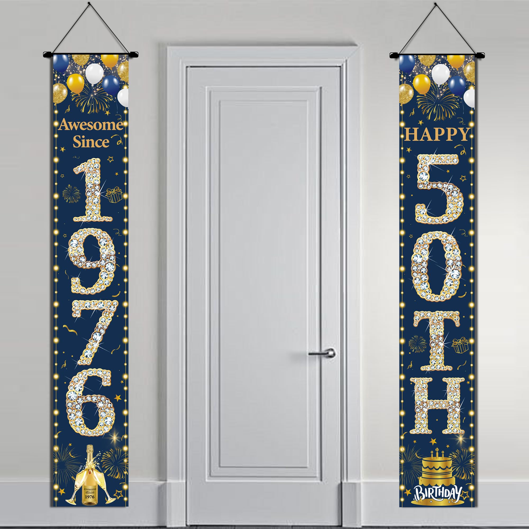 50th Birthday Decorations Door Banner - 2 Pcs Blue and Gold Happy 50th Birthday Awesome Since 1976 Banners Door Porch Sign for 50 Years Old Men Party Backdrop Decor Supplies (5.9x0.9ft)