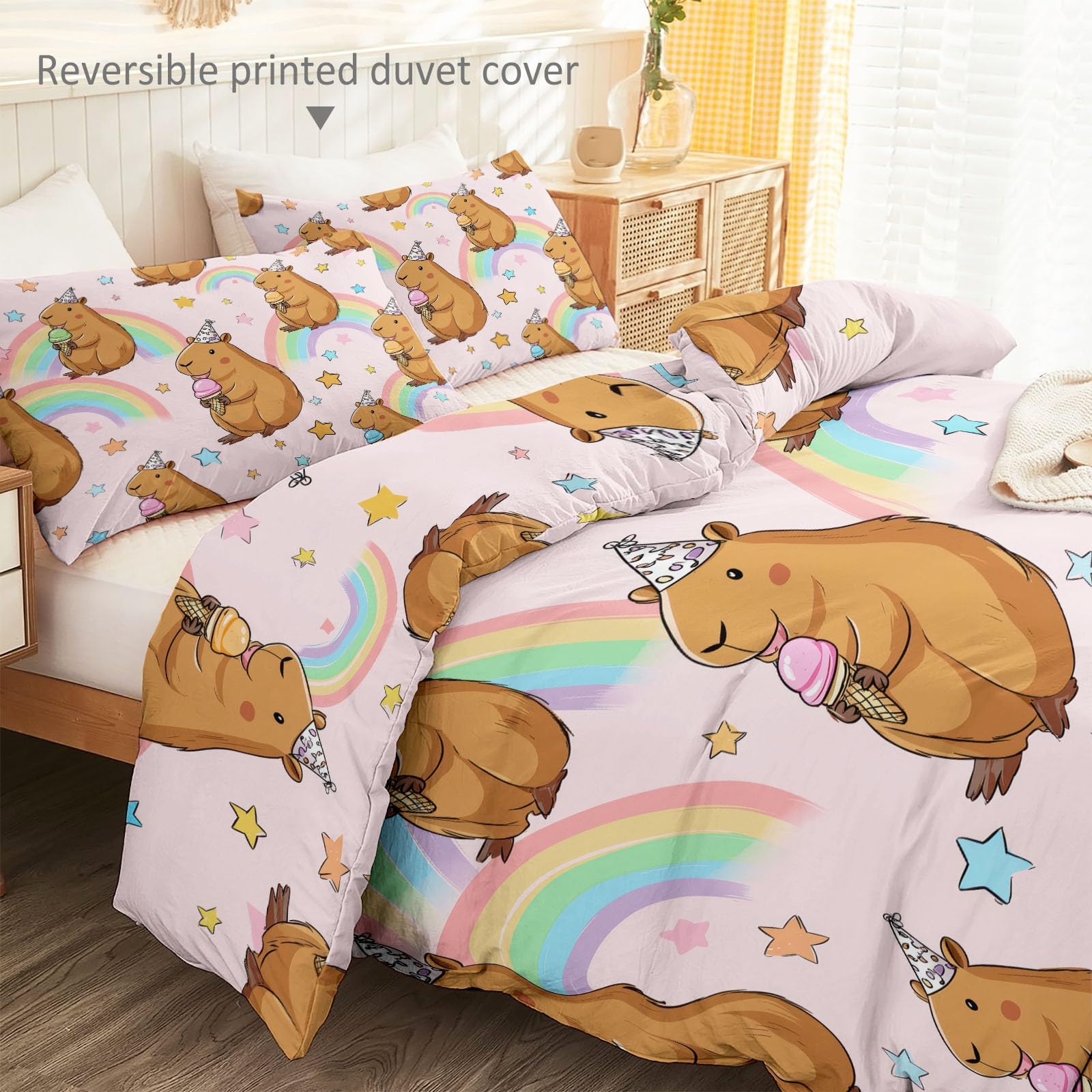 Japanisch Cartoon Bettwäsche 200 x 200 cm, Capybara EIS Partyhut Wende Bettwäsche Bunt Weich Kuschelig Bettbezug Set Mikrofaser Deckenbezug, mit Reißverschluss und Kissenbezug
