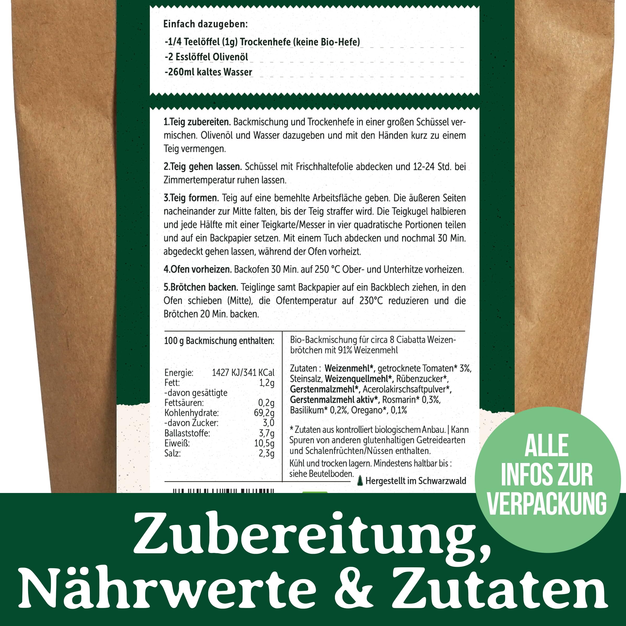 Bio Ciabatta Brötchen Backmischung – mit Tomaten, Kräutern & knuspriger Kruste – luftige italienische Brötchen für den Ofen – fast ohne Hefe – Bake with Love - 10er Pack