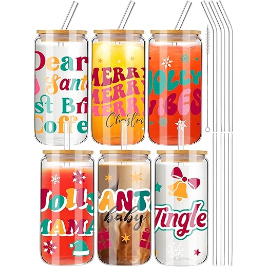 Yaomiao 6 Pcs 16 oz Christmas Mason Jars with Lid and Straw Christmas Cups Christmas Tumbler Coffee Cup Mason Drinking Glasses Christmas Coffee Mugs Cookie Jar Decor Xmas Gifts for Women Kids Men