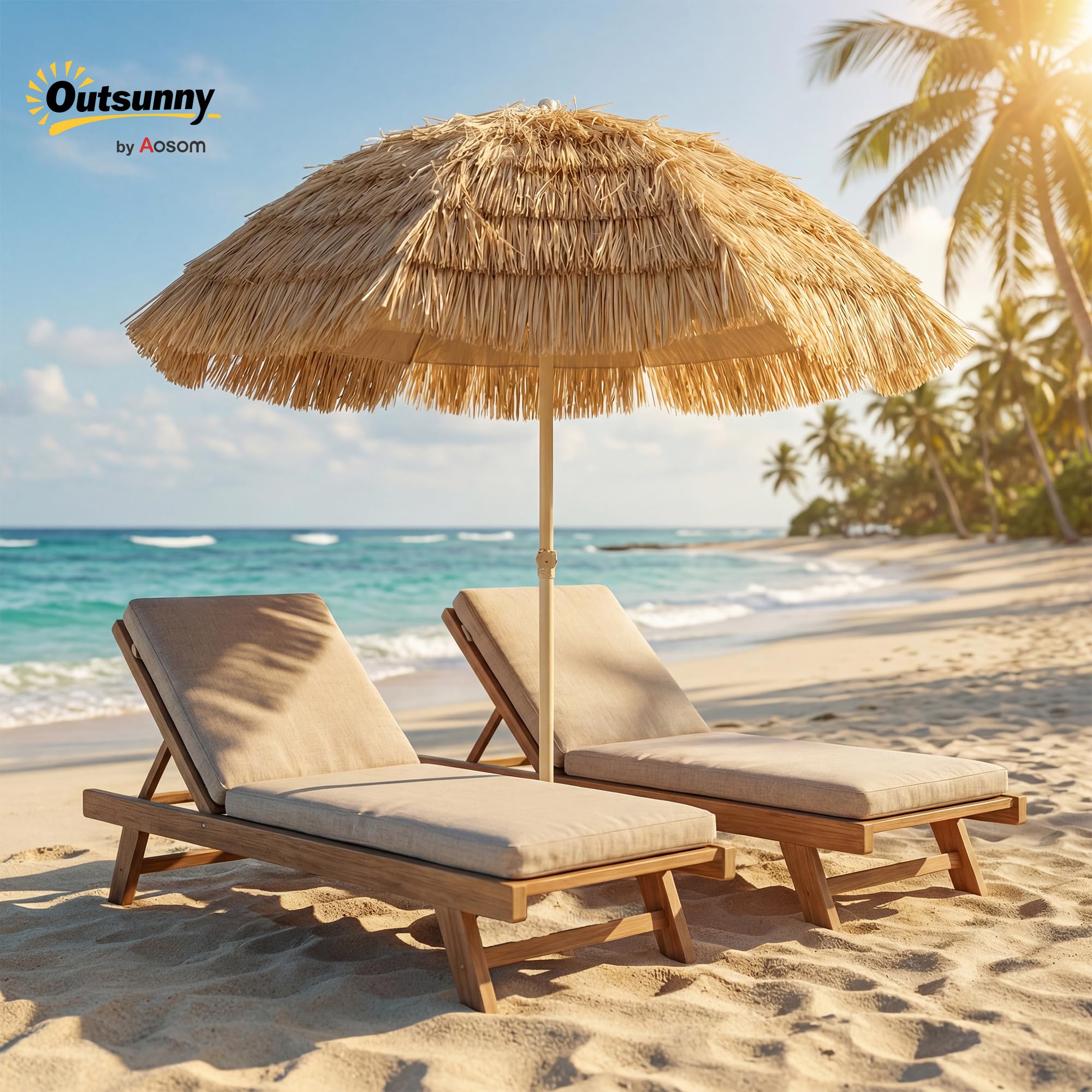 Outsunny Parasol de plage Ø 1,85 m Grand Inclinable Style Hawaïen Kaki