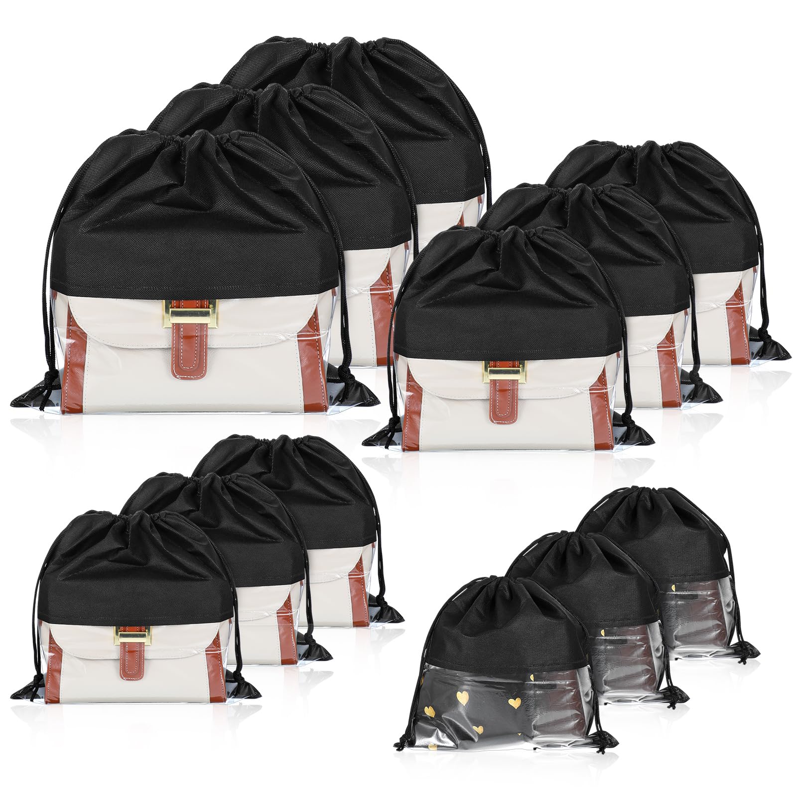 12 Pcs Dustproof Drawstring Bags for Handbags Purse Dust Bags Shoe Bags for Travel Dust Storage Bags Covers String Packing Organizer (Black, 4 Sizes)