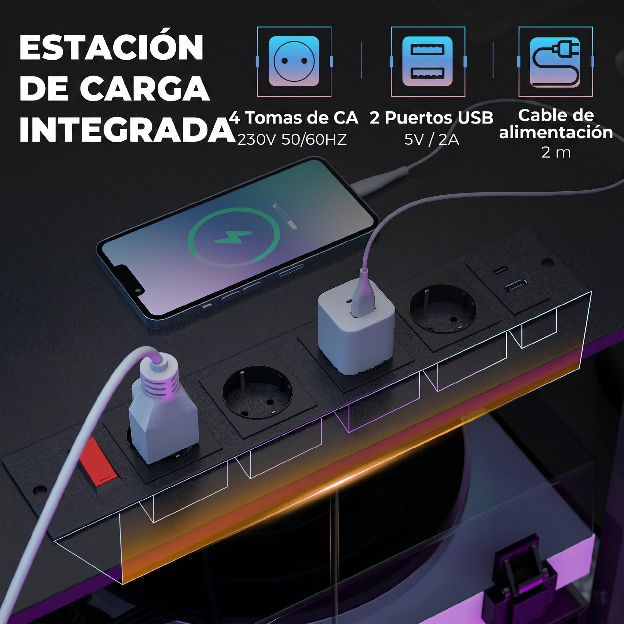 HOMCOM Mesa Gaming Doble Extralargo 244 cm con Estación de Carga Negro | Mesa Gamer, Escritorio Doble, Puertos USB, Soportes para Monitor, Cajones de Tela, Ganchos para Auriculares