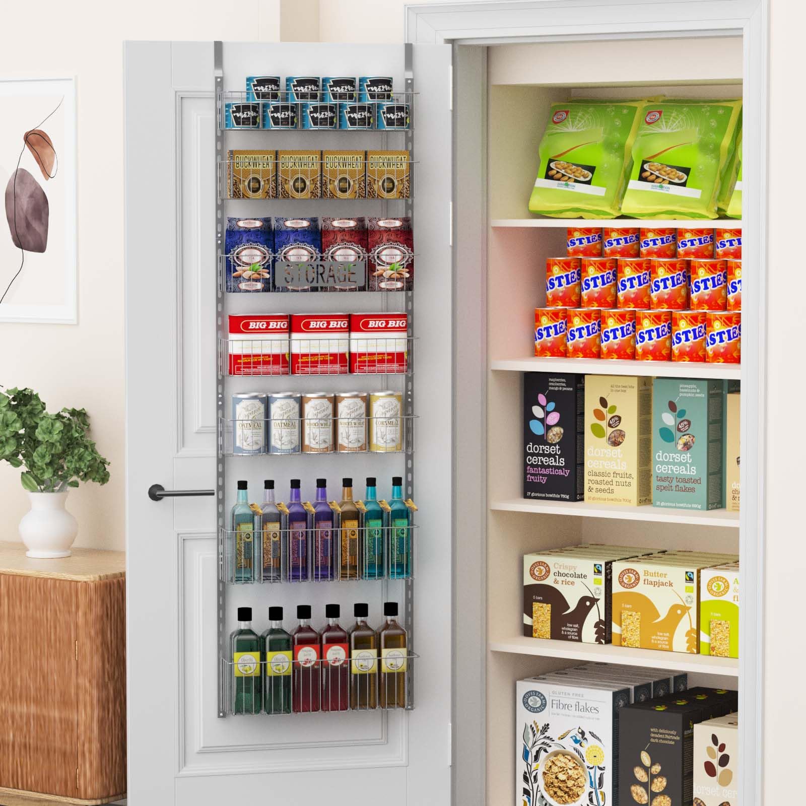 Aconfei Over The Door Pantry Organizer, 5+2 Tier Pantry Door Organizer Rack, Wall Mounted Heavy-Duty Metal Spice Rack for for Kitchen, Bathroom, Bedroom and Storage Room-Grey