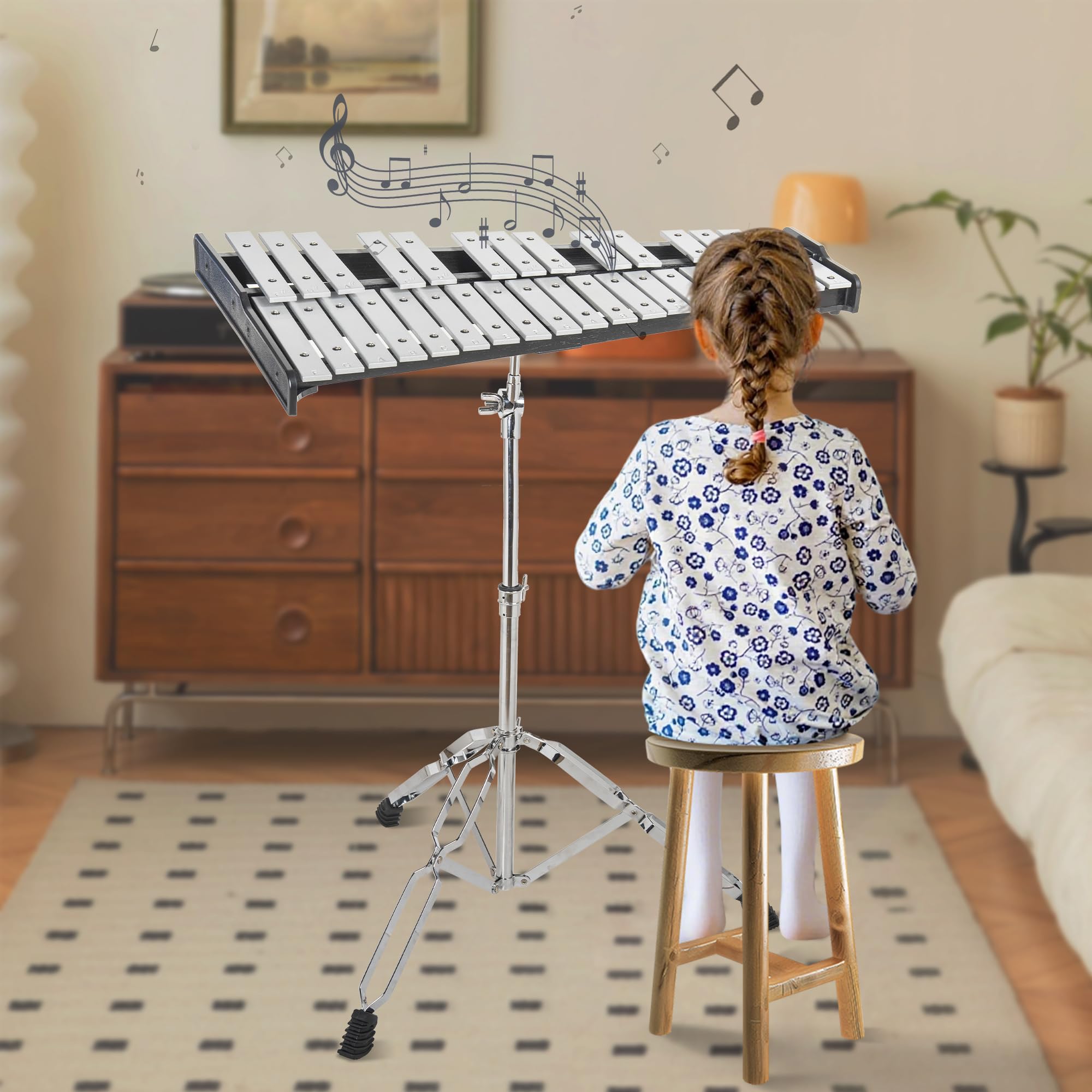 OUUTMEE Xylophone Glockenspiel à 32 Notes Pliable avec support Réglable en Hauteur, Glockenspiel avec 4 Maillets et Un Sac de Transport pour Enfants et Adultes, Instrument de Percussion Professionnel