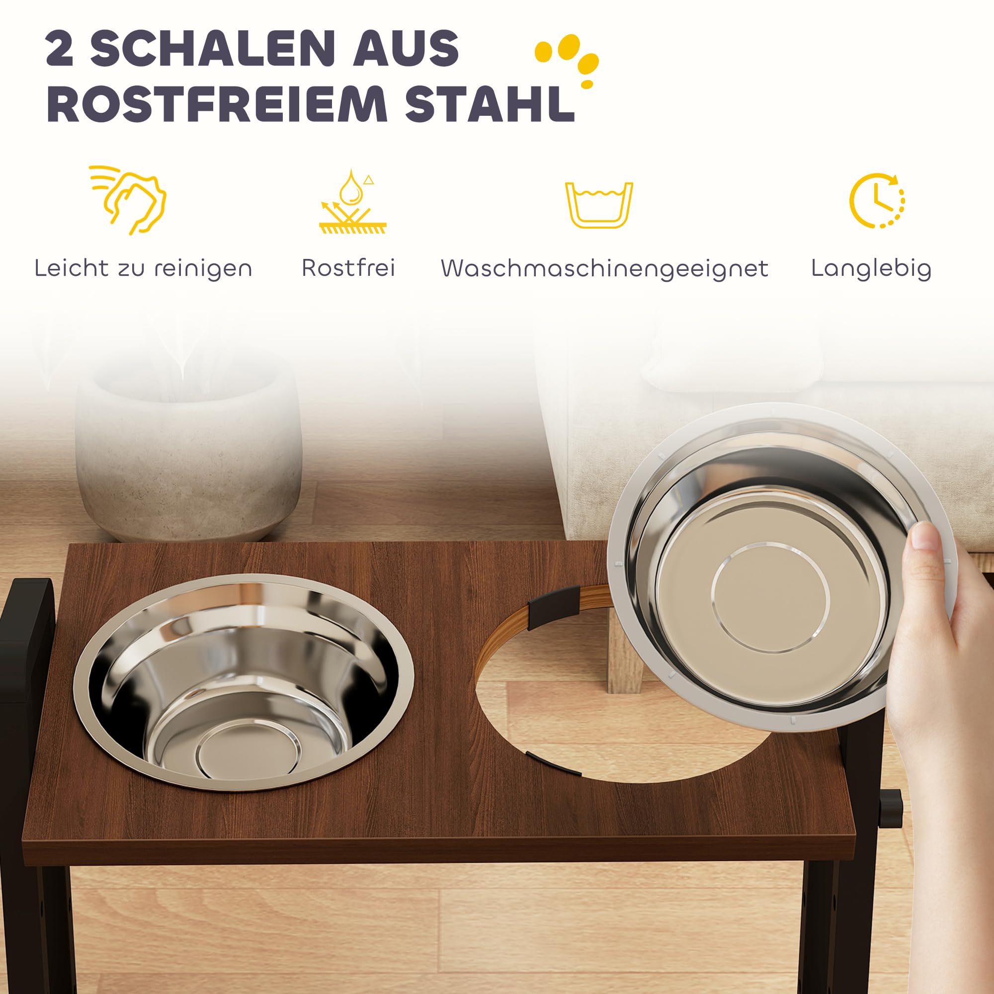 PawHut Podwyższona miska dla psów z 4 regulowanymi wysokościami, 2 x 1,2L miski ze stali nierdzewnej, stacja karmienia z 3 regulowanymi kątami, dla małych, średnich, dużych psów, Brązowy