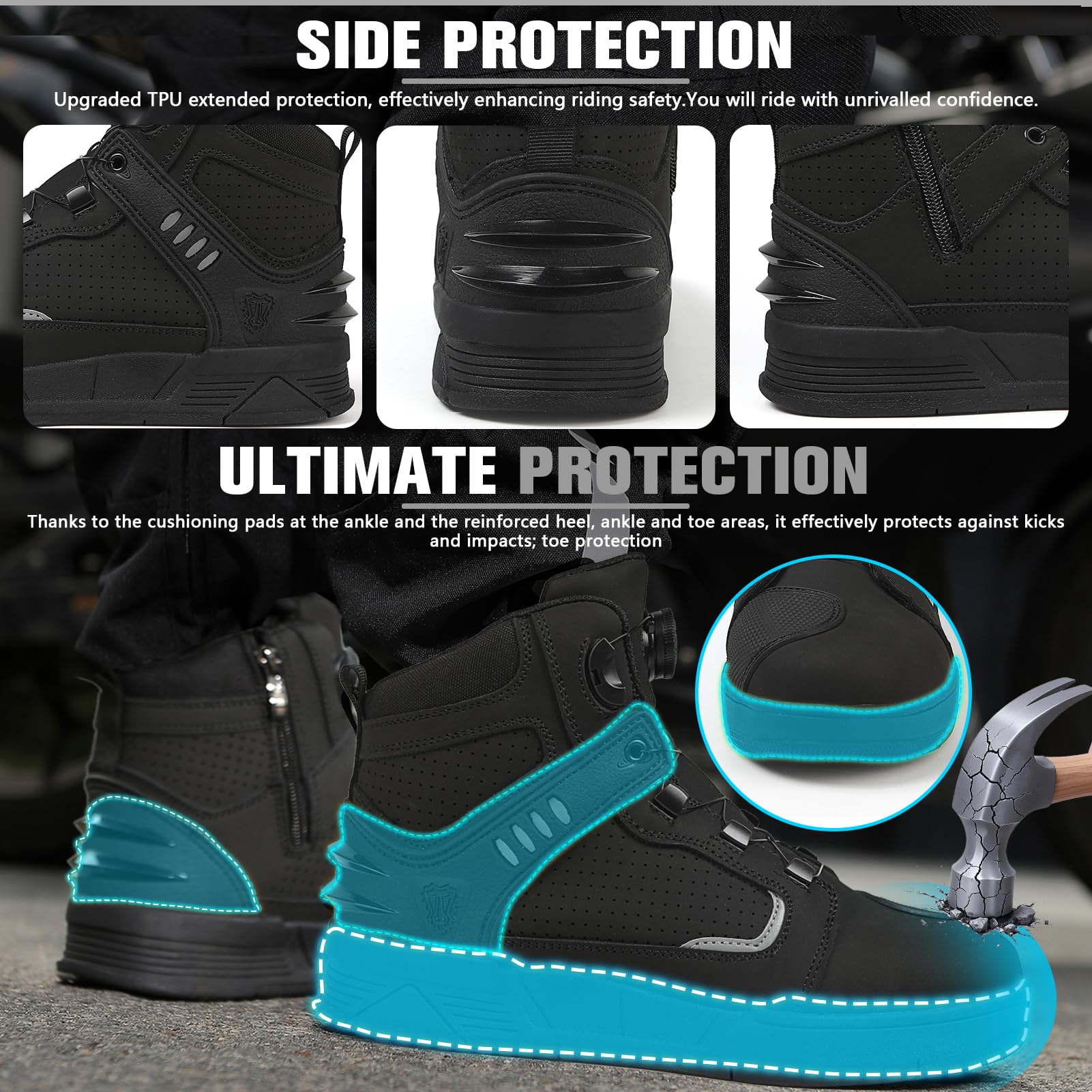Scarpe Moto Uomo, Stivali Moto, Stivali Scarpe Moto Motocross Strada | Traspiranti con cerniere laterali e supporto per la caviglia, Strisce riflettenti, Suola in gomma antiscivolo