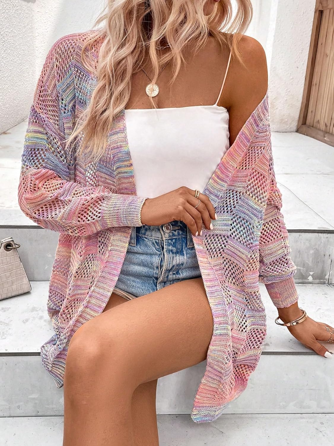 SHENHE Women's Crochet Lightweight Tie-dye Cardigan Loose Hollow Out Fall Knit Sweaters - Image 4
