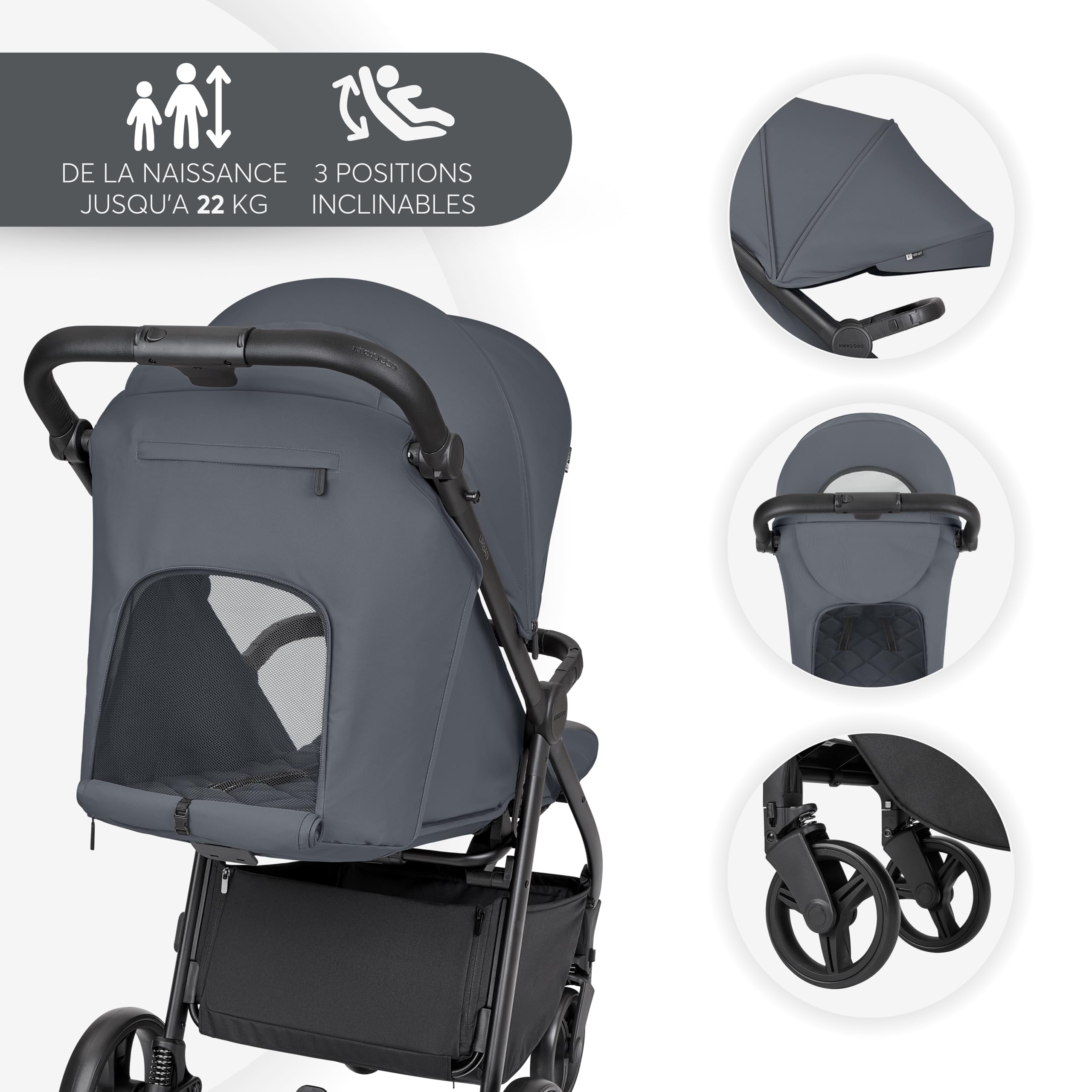 KikkaBoo Poussette Canne Compacte Bébé URBAN, Poussette Compacte Légère, Naissance à 22 kg, Pliage Automatique, Roues EVA avec Suspension, Gris Foncé