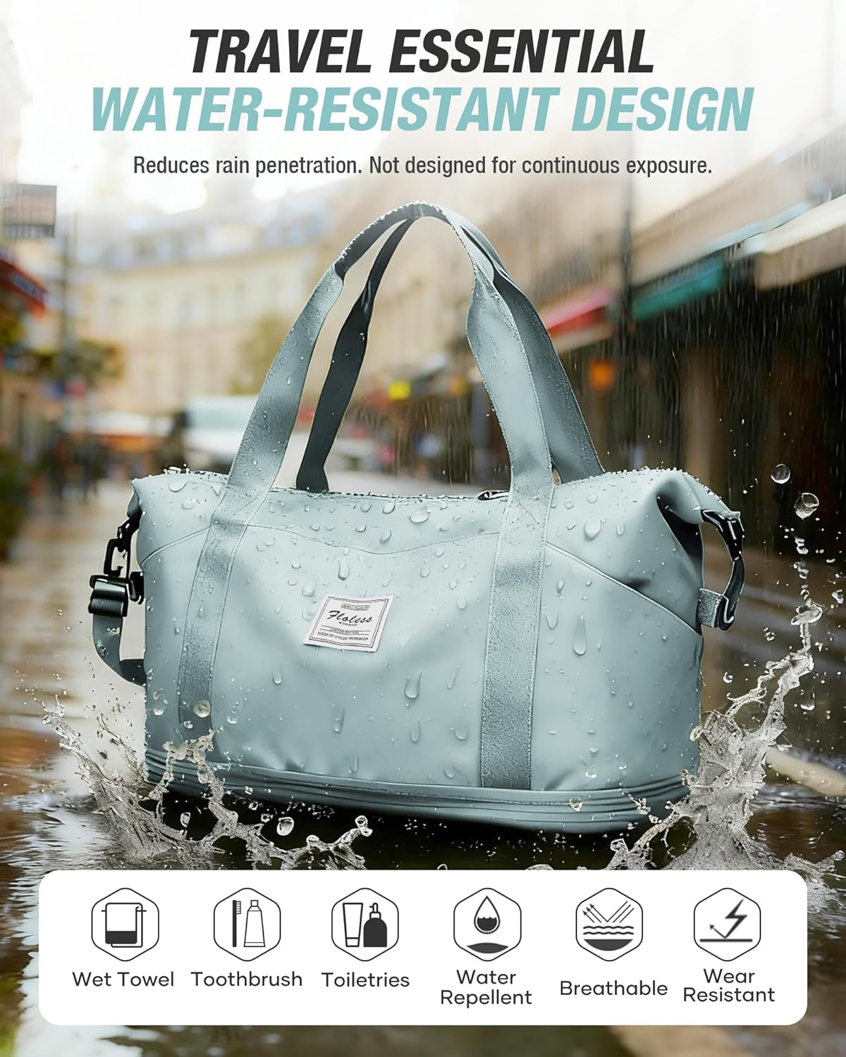 Expandable Travel Duffle Bag for Women Men, Large Gym Bag Travel Tote Bags, Waterproof Carry On Personal Item Bag Airline Approved, Overnight Workout Weekender Bag with Luggage Sleeve, Light Blue - Image 7