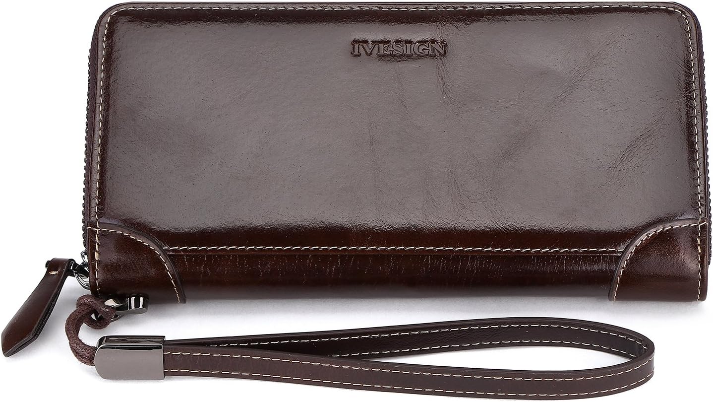 IVESIGN Womens Genuine Leather Wristlet Zipper Clutch Wallet RFID Blocking Credit Card Phone Holder Hand Purse Large Capacity