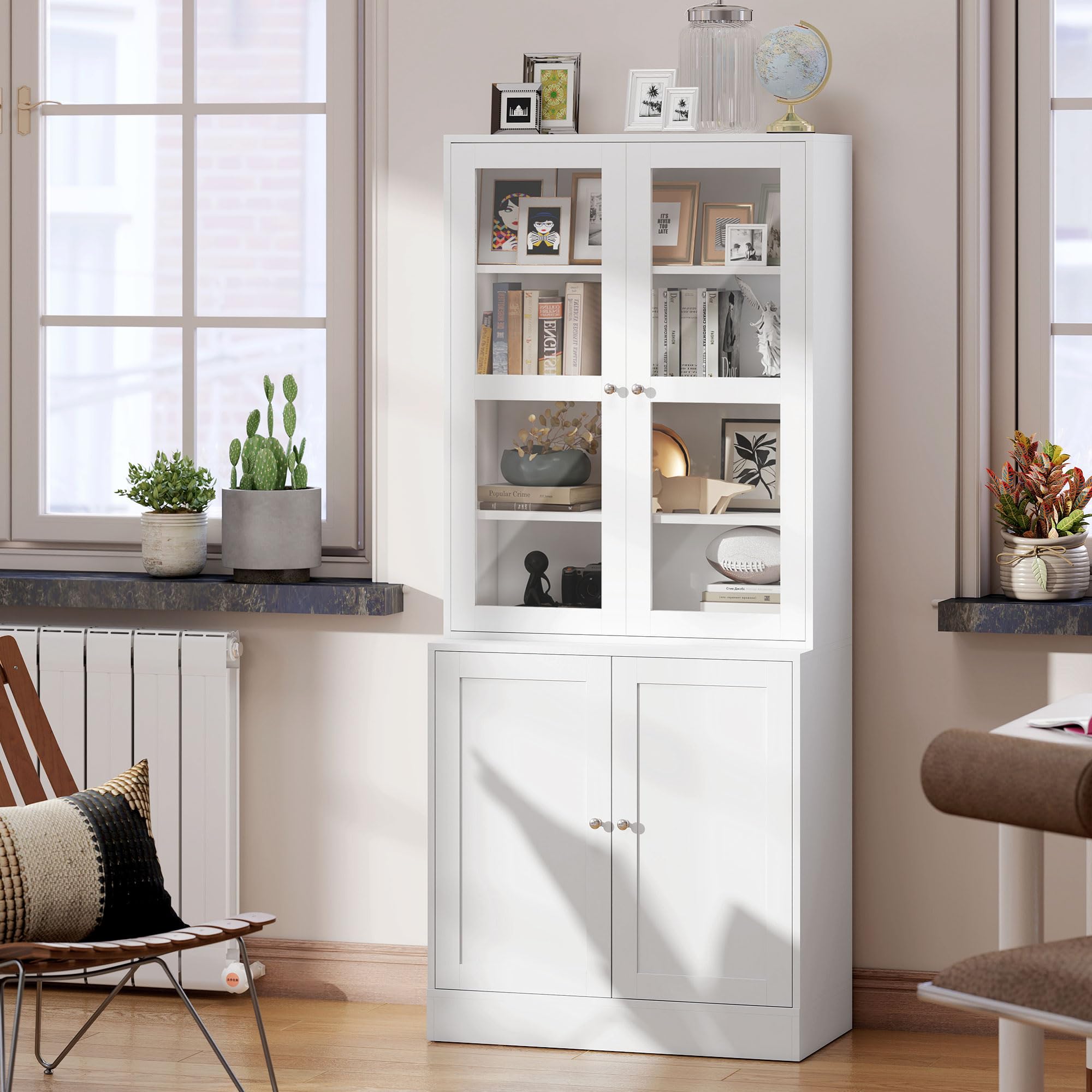 HOMCOM Vitrina Armario de Libros con 4 Puertas y Estantes Ajustables Estilo Moderno Armario de Cocina para Salón Cocina Oficina Dormitorio 76x40x178,5 cm Blanco