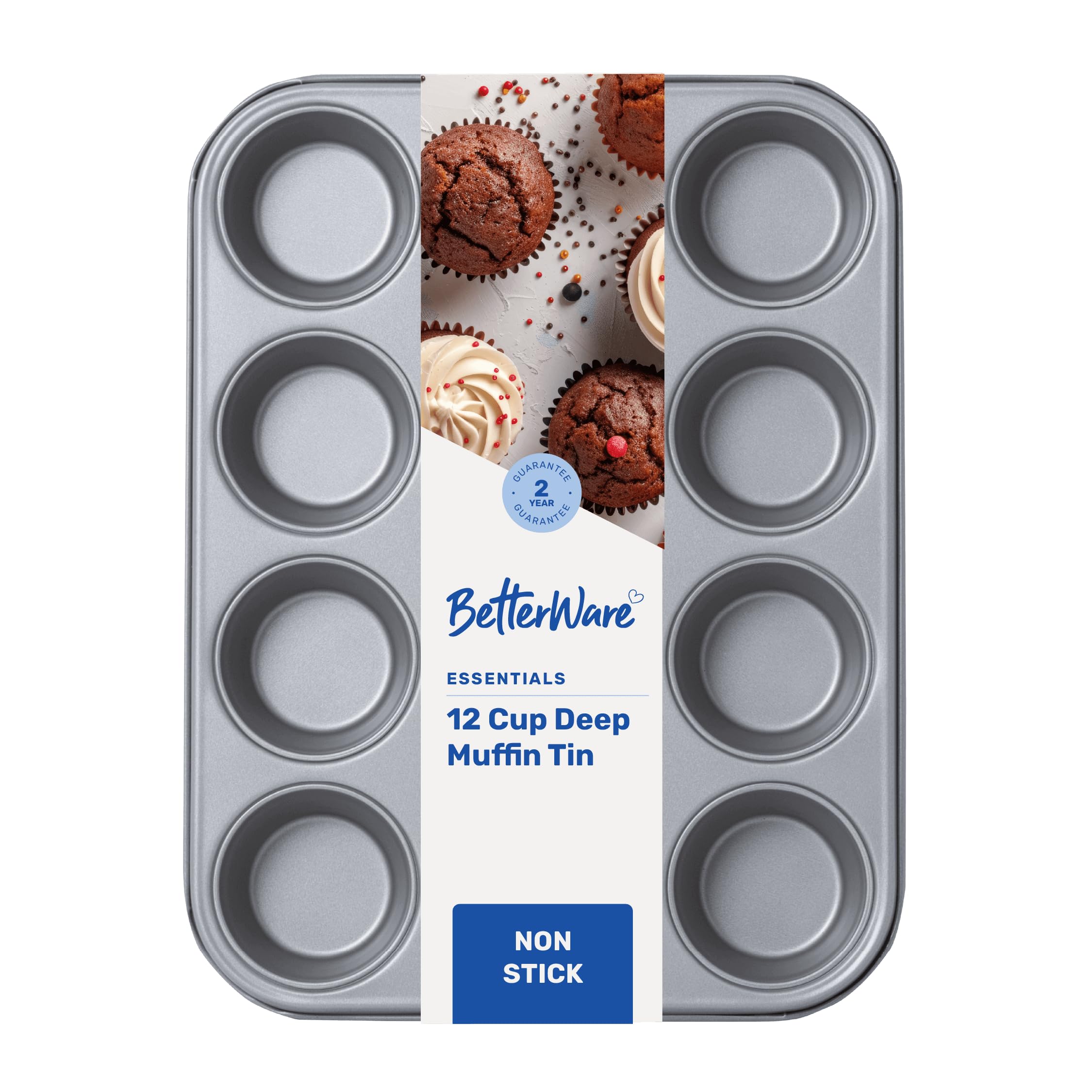 BetterWare Essentials 12 Cup Non-Stick Muffin Tin | Low-Carbon Steel | Dishwasher & Freezer Safe | Stackable Design