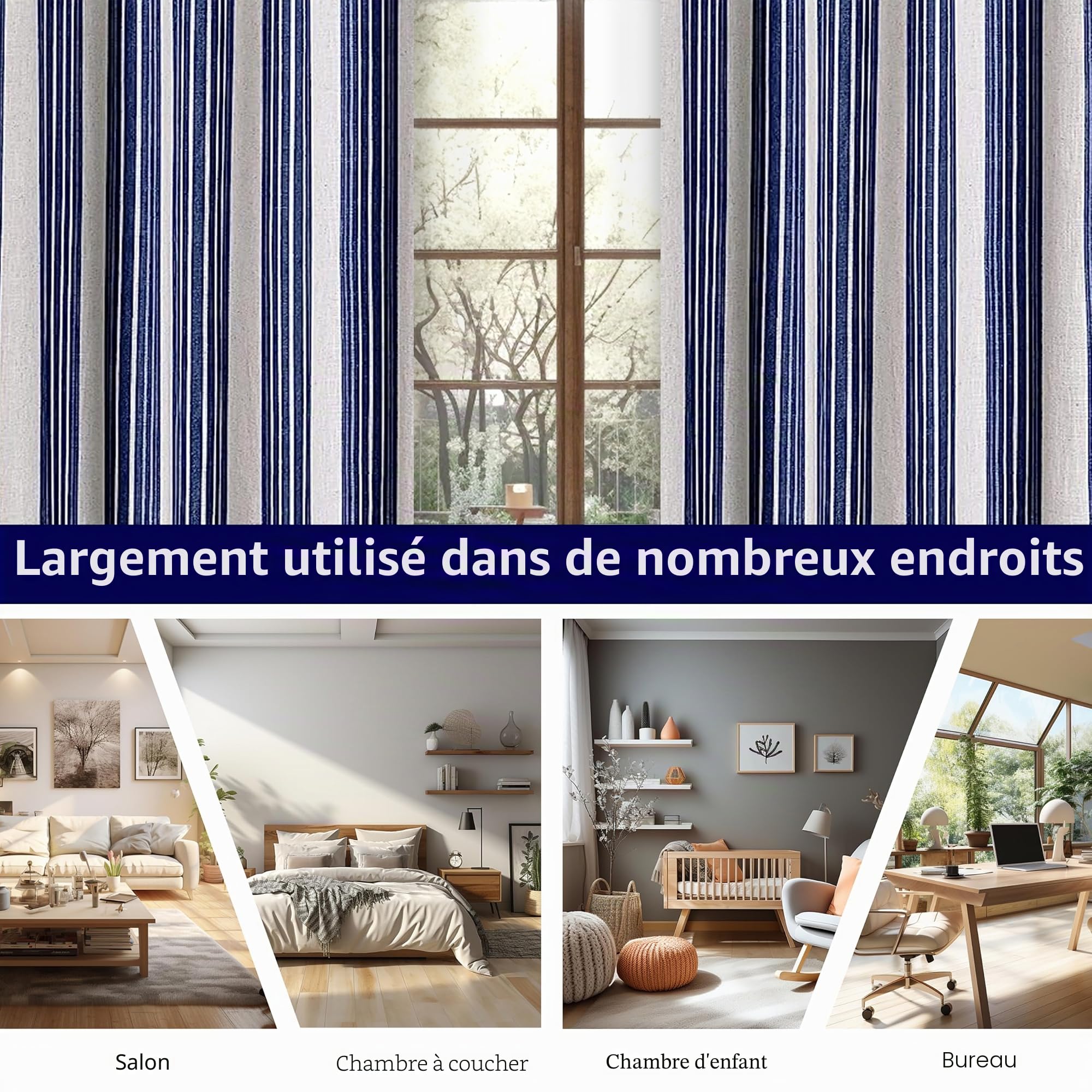 DriftAway Chris Lot de 2 Rideaux occultants en Lin mélangé à Motif à Rayures Verticales et à œillets pour Chambre de Ferme imprimé – 132,1 x 213,4 cm – Ivoire Bleu foncé