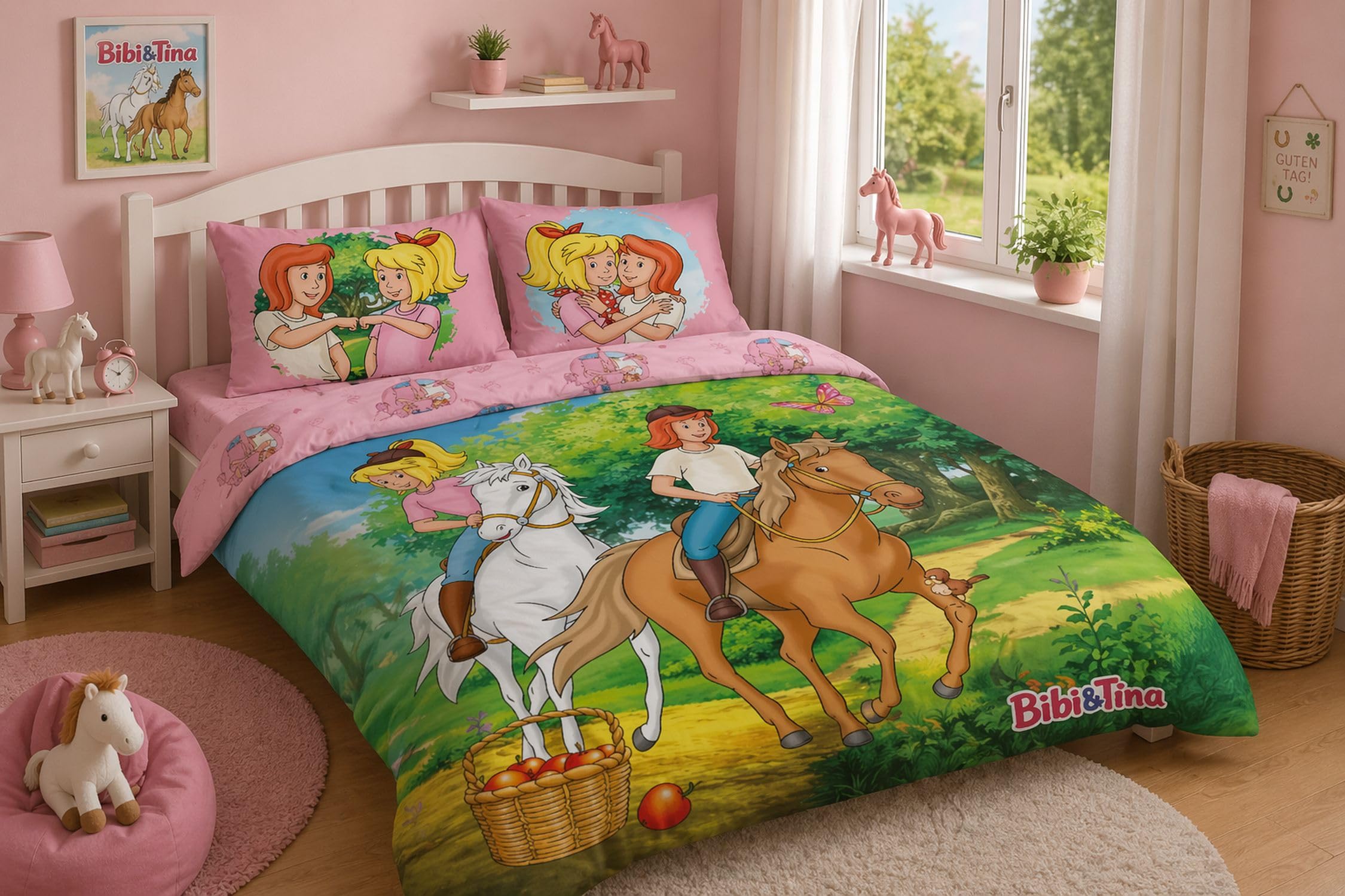 Bibi und Tina Bettwäsche 135x200 cm für Mädchen - 2-teiliges Set aus 100% Baumwolle inkl. Kissenbezug 80x80 cm - Pferdebettwäsche mit gratis Stoffbeutel - Wendemotiv