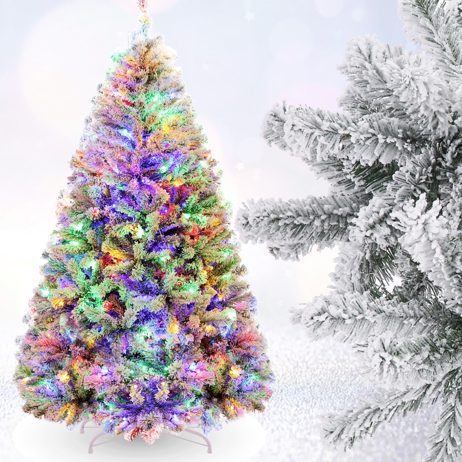 180cm Sapin de Noël Artificiel Enneigé 250 LED RGB Premium Arbre de Noël avec Support Métallique Pliable 1000 Pointes de Branches Décoration Festive Blanc 2025