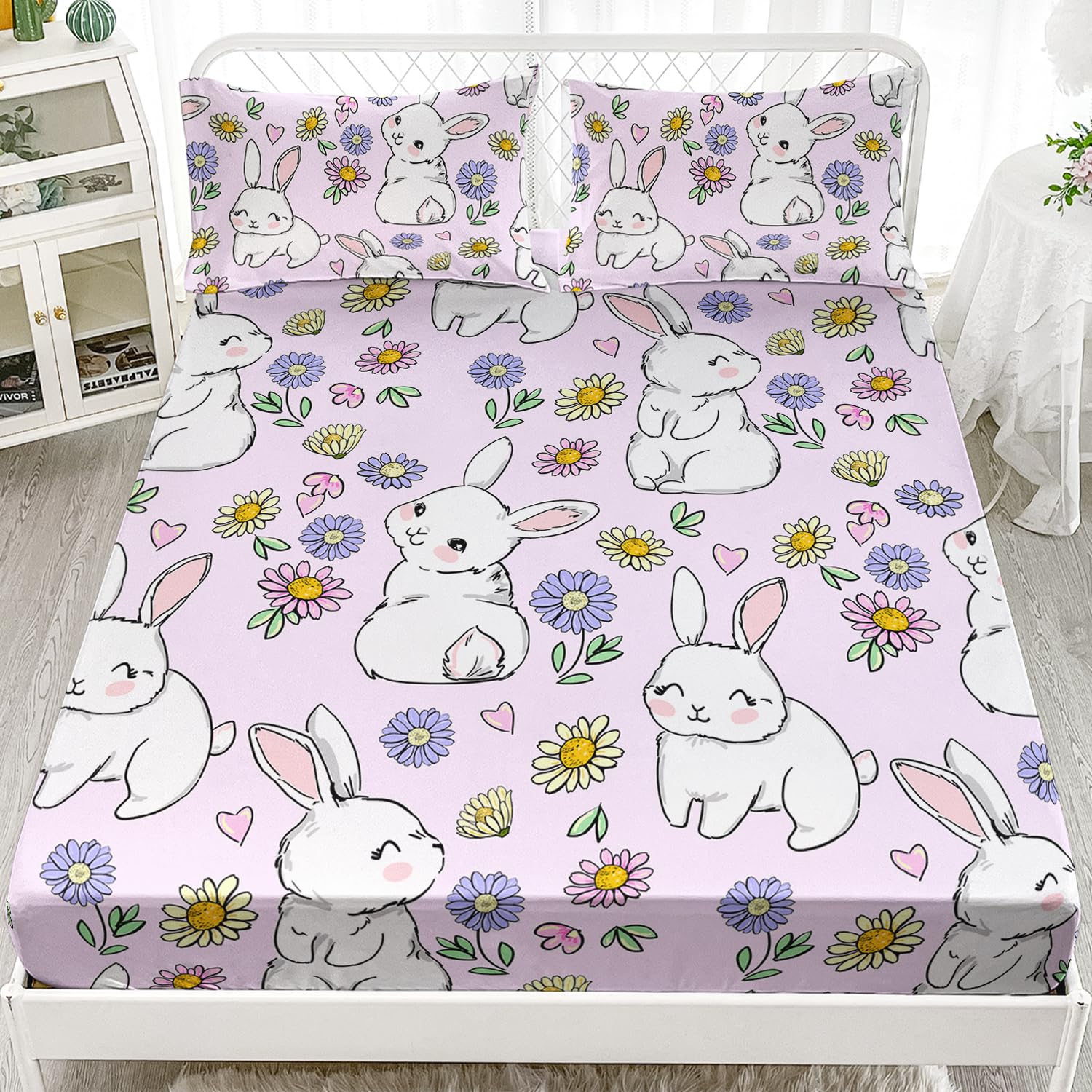 AILONEN Rabbit Fitted Sheet Set Twin Size, Kawaii Bunny Bed Sheet Set,Kids Girls Floral Rabbit Sheets Set,Cute Rabbit Pink Bed Sheet Set 3 Pieces, 1 Fitted Sheet and 2 Pillowcases