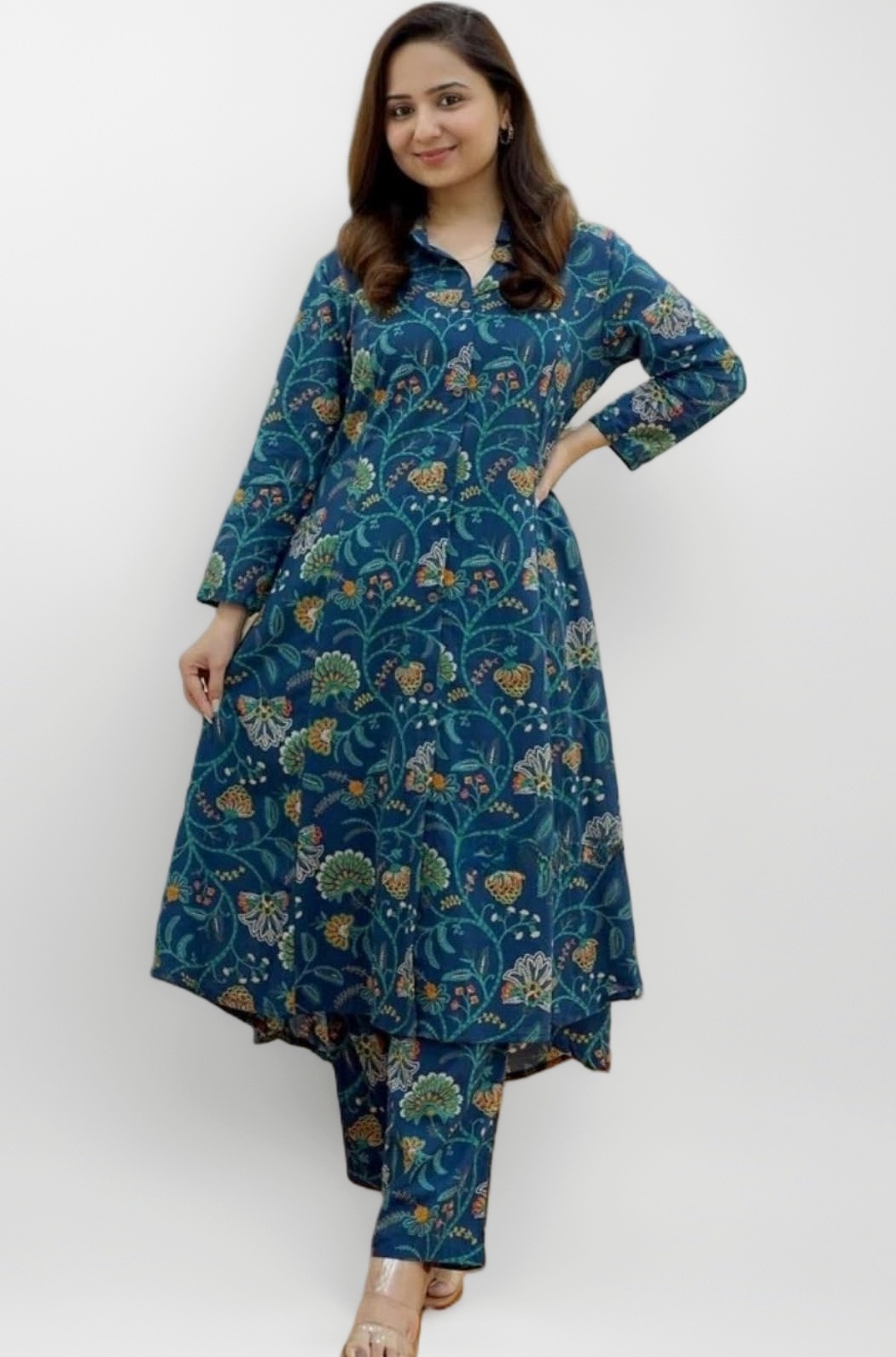 Leriya Fashion Women's Anarkali Rayon Floral Printed Kurta Pant Set | High-Low Hem & 3/4 Sleeves | Ethnic Co-ord for Festive & Casual Wear | Co ord Set For Women Stylish | 2 Piece Dress For Holiday Look & Puja