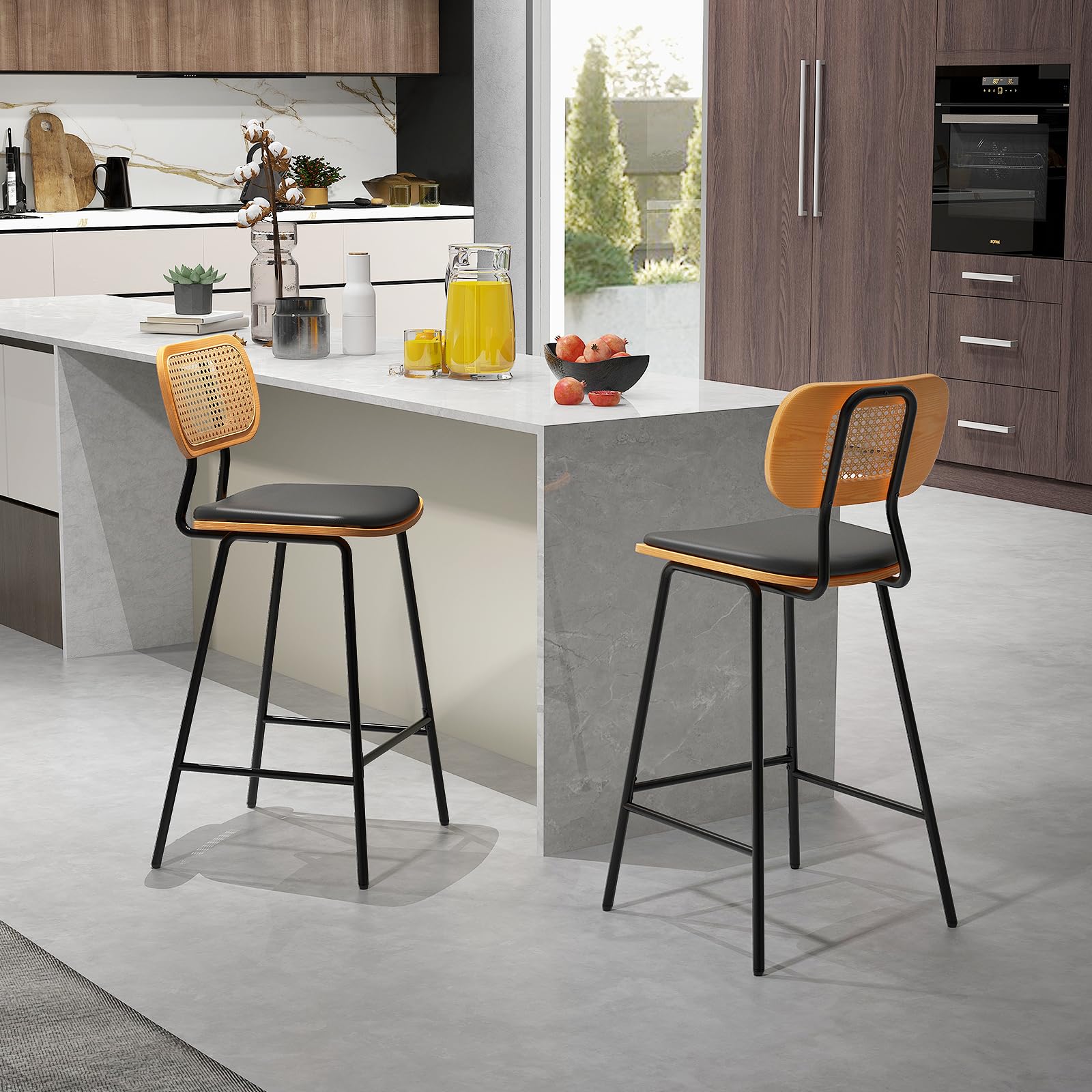 RELAX4LIFE Lot de 2 Tabourets de Bar en Rotin, Chaise Haute Bar Cuisine Bohème avec Cadre Métallique, Chaise Cannage avec Repose-Pieds, Assise 65,5 CM, Charge 140 KG pour Café Salon Bistro