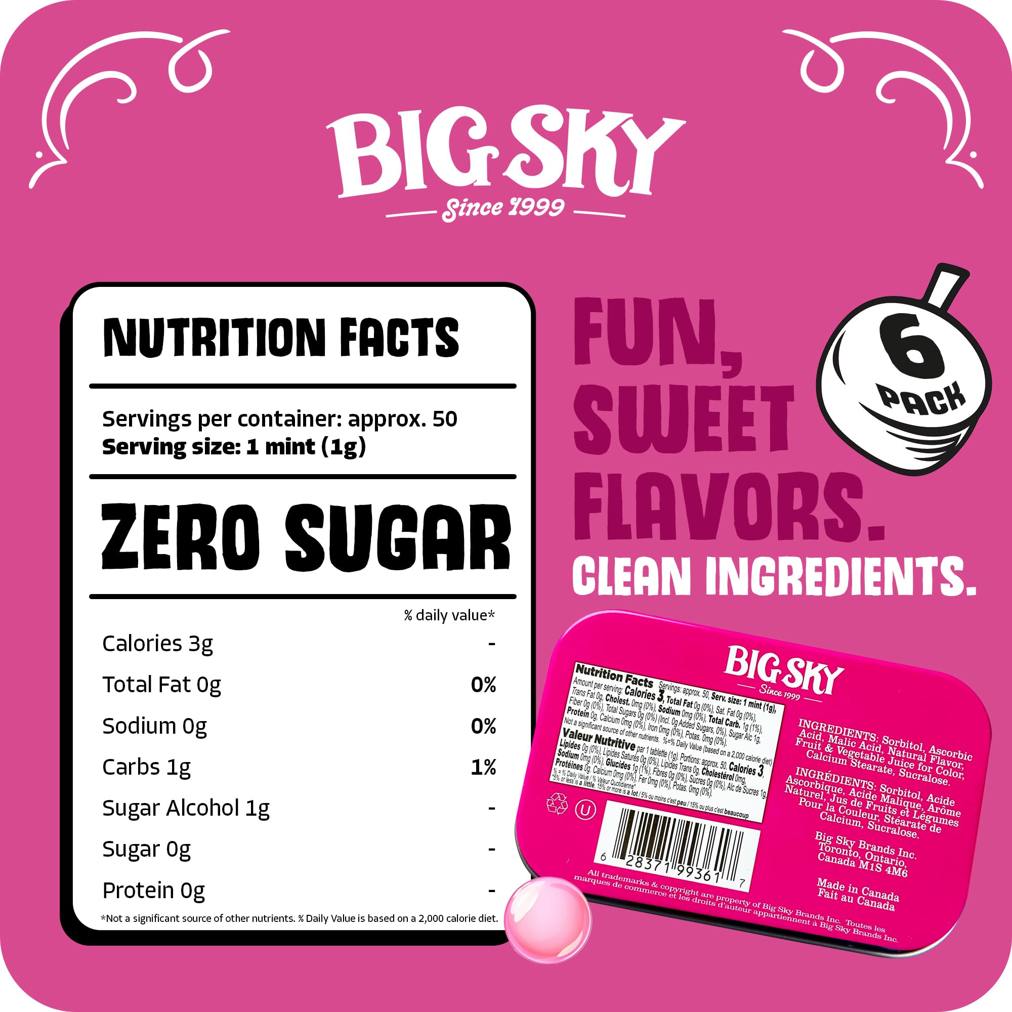 Amazon.com : Big Sky Sugar Free Bubblegum Mints - 50 Count Tin