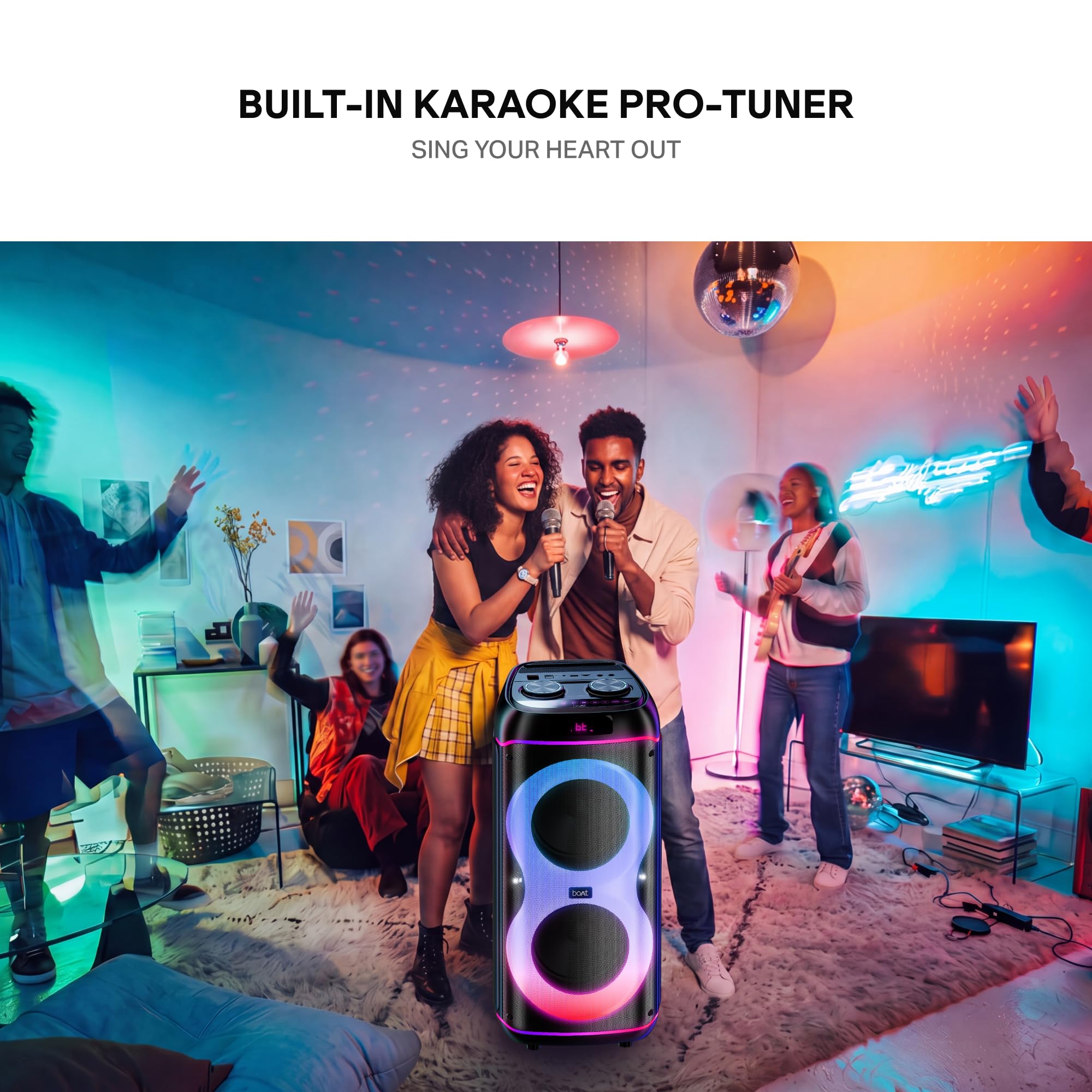 boAt 2026 Launch PartyPal 390 Plus, Karaoke Auto-Tuner, 160W Output, 1 UHF Wireless Microphone, Vibrant RGB LEDs, Hearables App Support, TWS Mode, Guitar Input Port, Multi-Compatibility (Onyx Black) — Amazon image 5