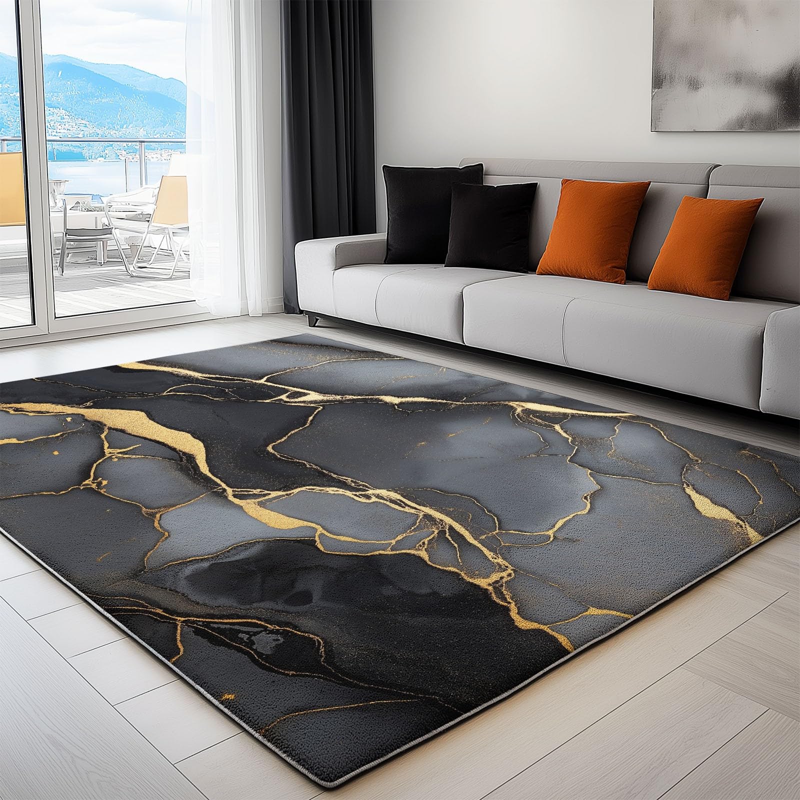 Tapis gris or design abstrait chic 120 x 180 cm pour décoration de standing